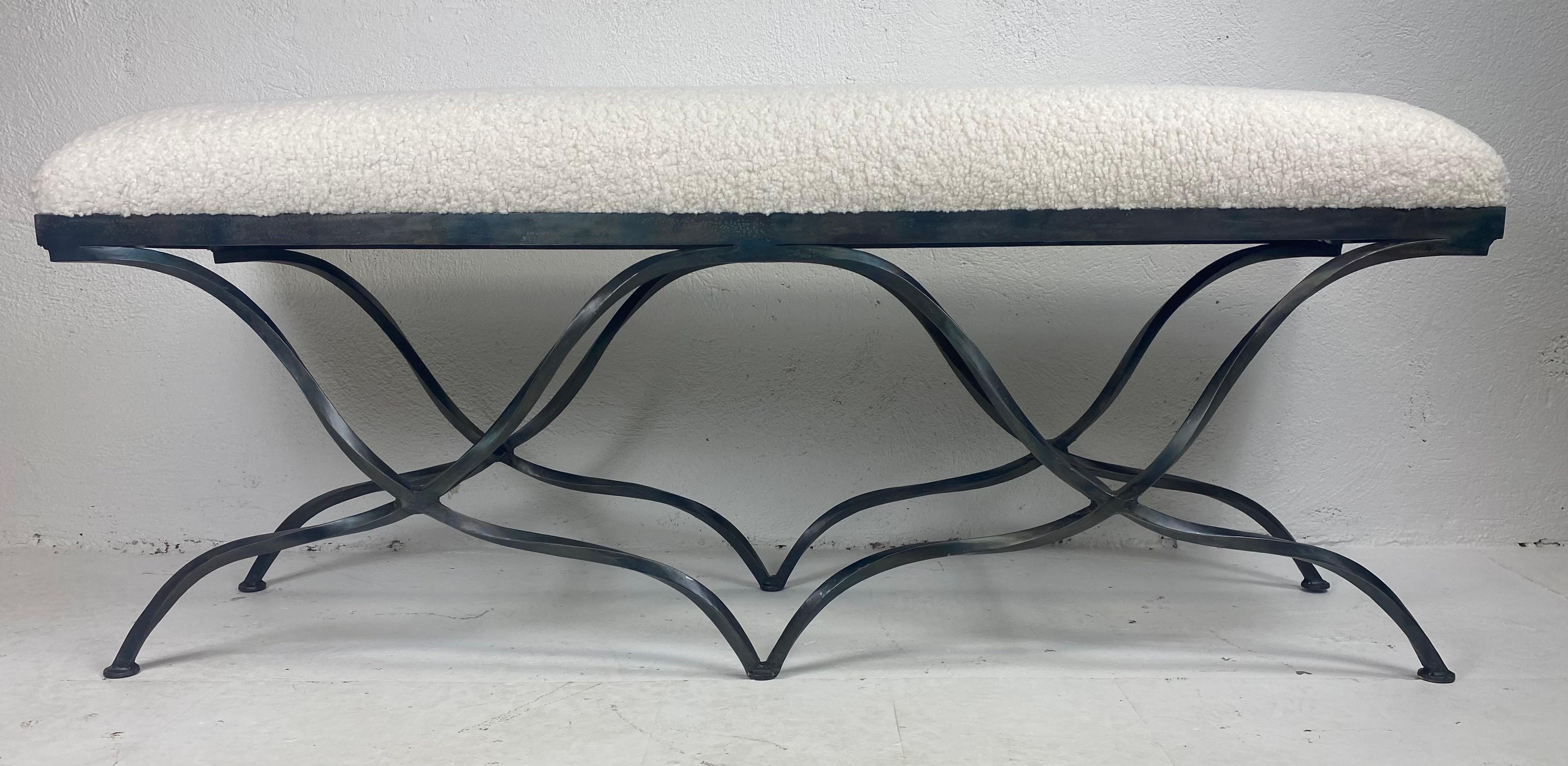 Hand-Crafted Late 20th century hand wrought iron upholstered bench For Sale