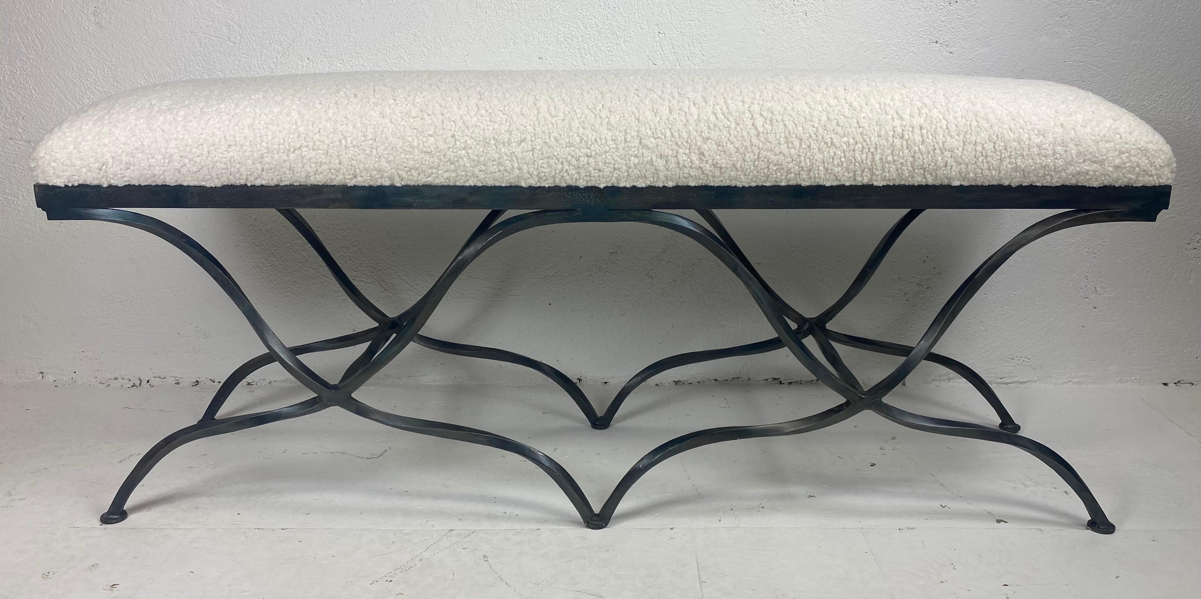 Late 20th century hand wrought iron upholstered bench For Sale 1
