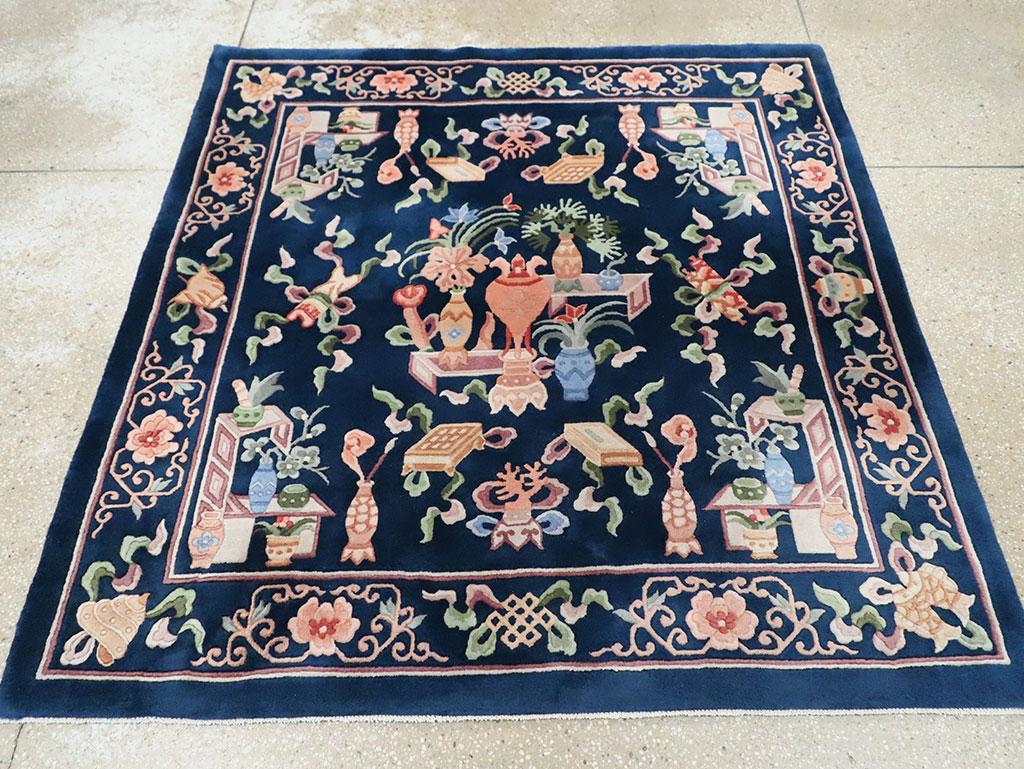 Chinese Chippendale Late 20th Century Handmade Chinese Square Accent Rug in Dark Blue For Sale