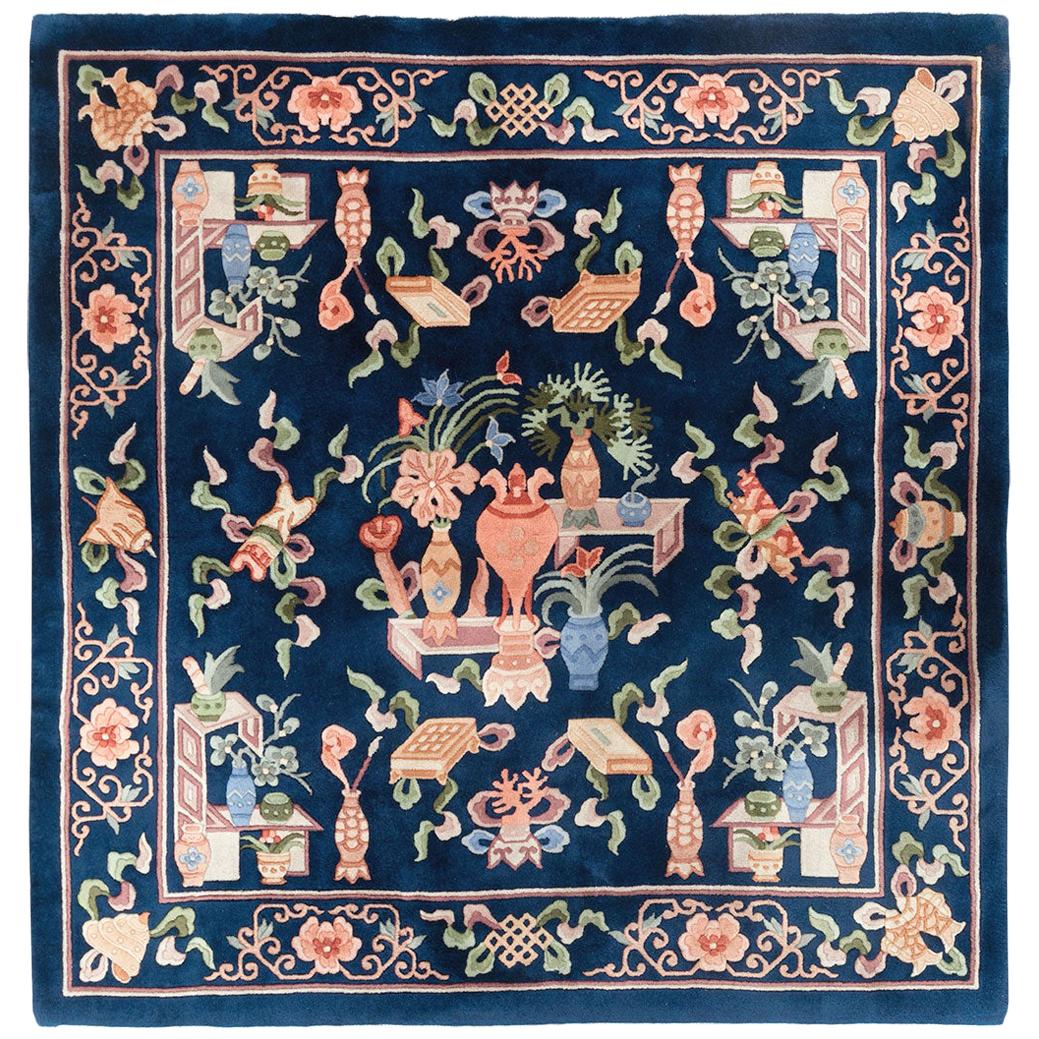 Late 20th Century Handmade Chinese Square Accent Rug in Dark Blue For Sale