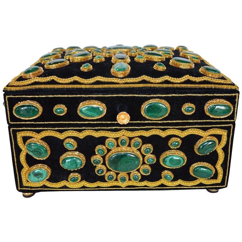 Late 20th Century Handmade Jewelry Box with Malachite For Sale