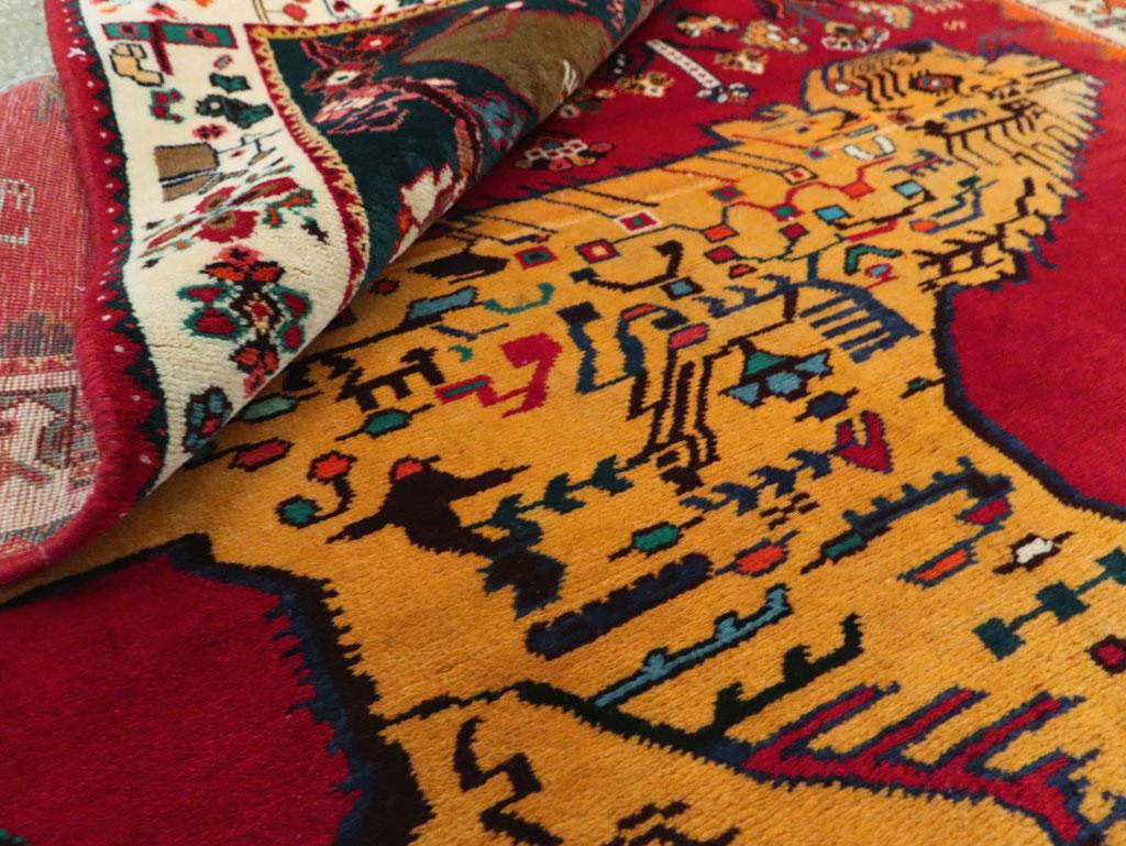 Late 20th Century Handmade Persian Gabbeh Tribal Pictorial Lion Accent Rug For Sale 4
