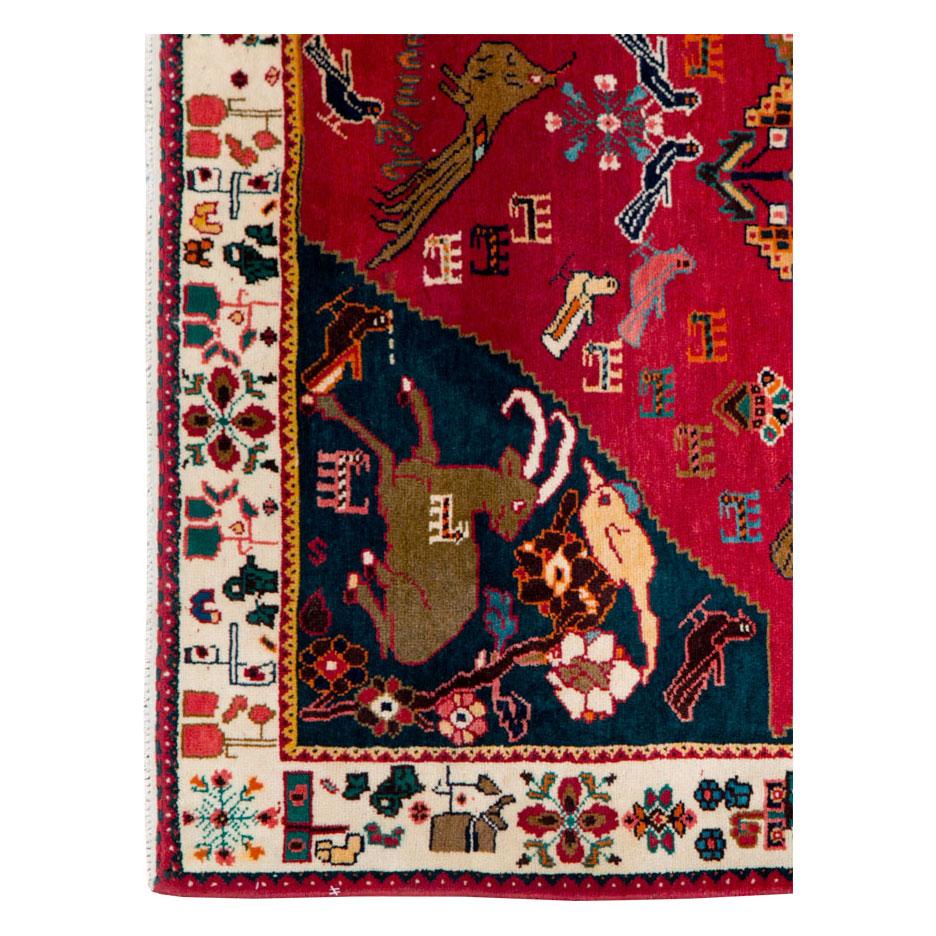 Folk Art Late 20th Century Handmade Persian Gabbeh Tribal Pictorial Lion Accent Rug For Sale