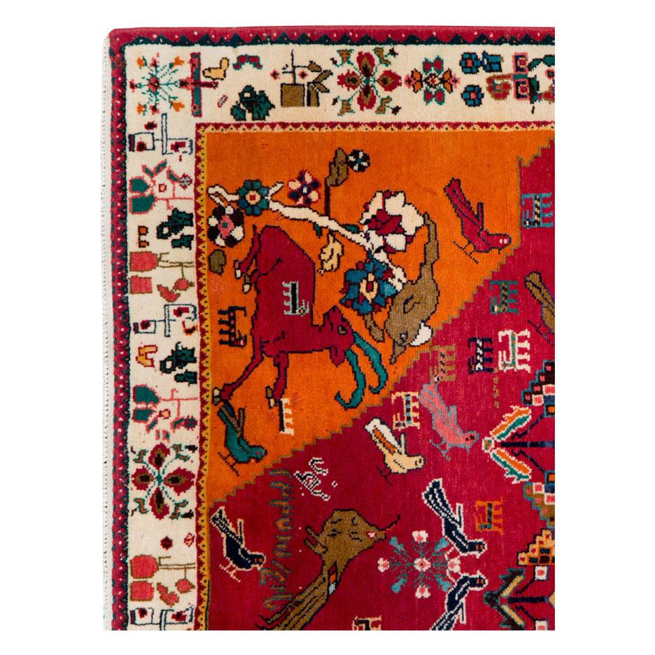 Hand-Knotted Late 20th Century Handmade Persian Gabbeh Tribal Pictorial Lion Accent Rug For Sale