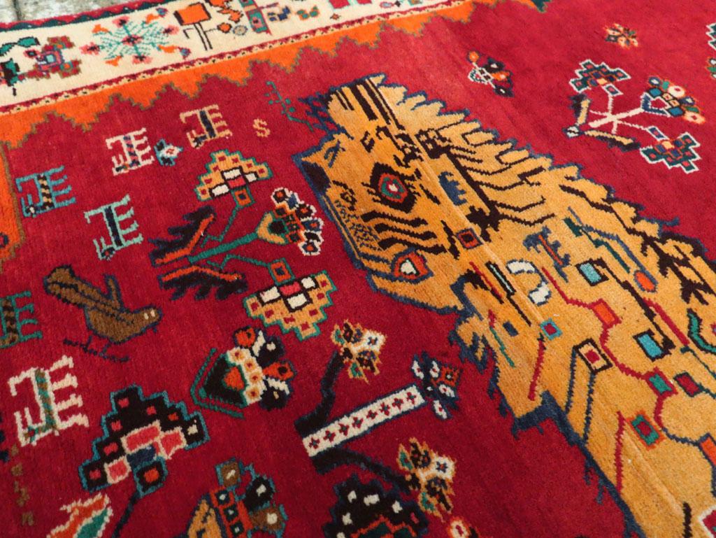 Wool Late 20th Century Handmade Persian Gabbeh Tribal Pictorial Lion Accent Rug For Sale