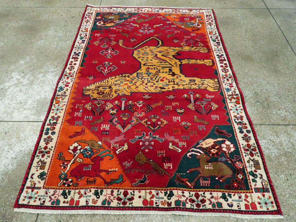 Late 20th Century Handmade Persian Gabbeh Tribal Pictorial Lion Accent Rug For Sale 2