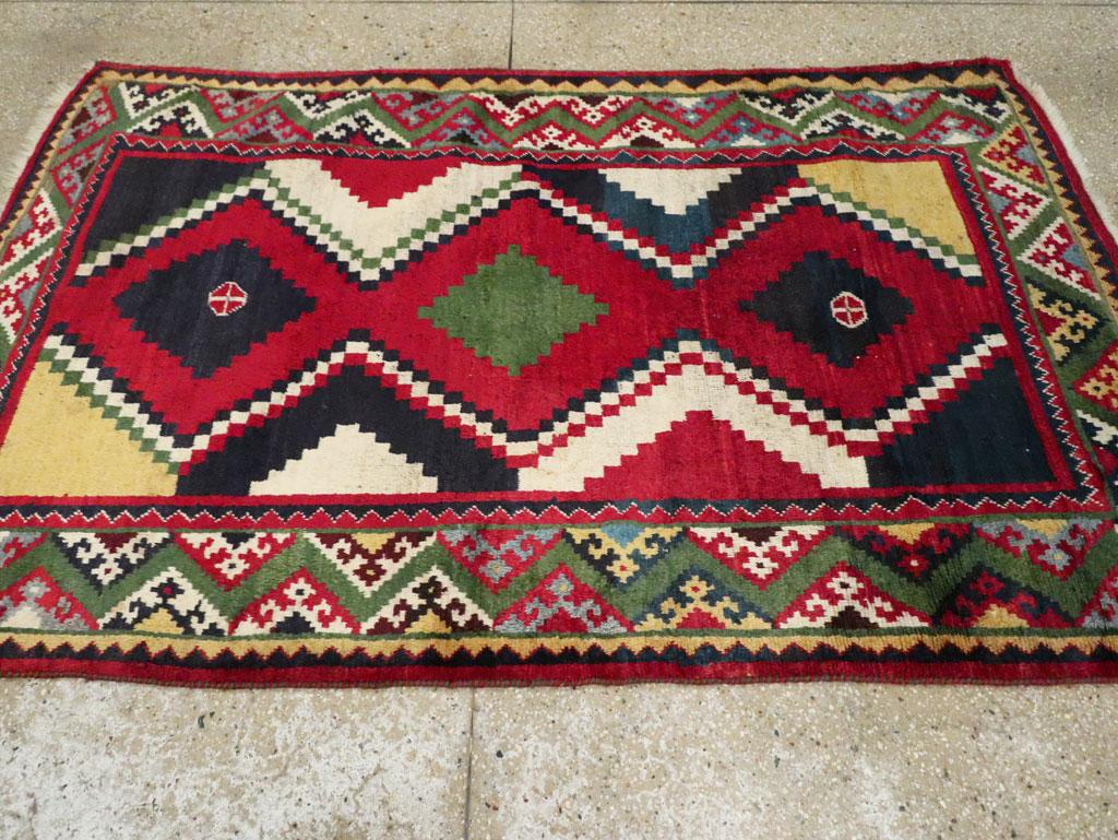 Wool Late 20th Century Handmade Persian Tribal Gabbeh Accent Rug in Red and Green For Sale