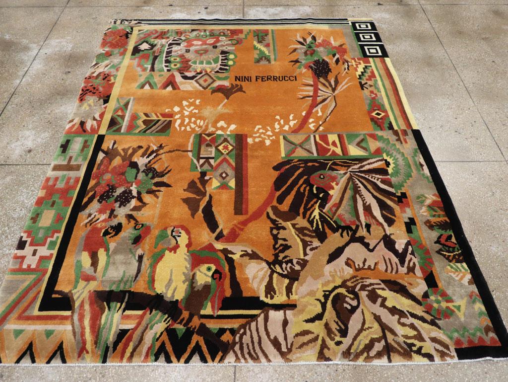 A vintage Tibetan Art Deco accent rug designed and signed by Nini Ferrucci, and handmade during the late 20th century.

Measures: 6' 9