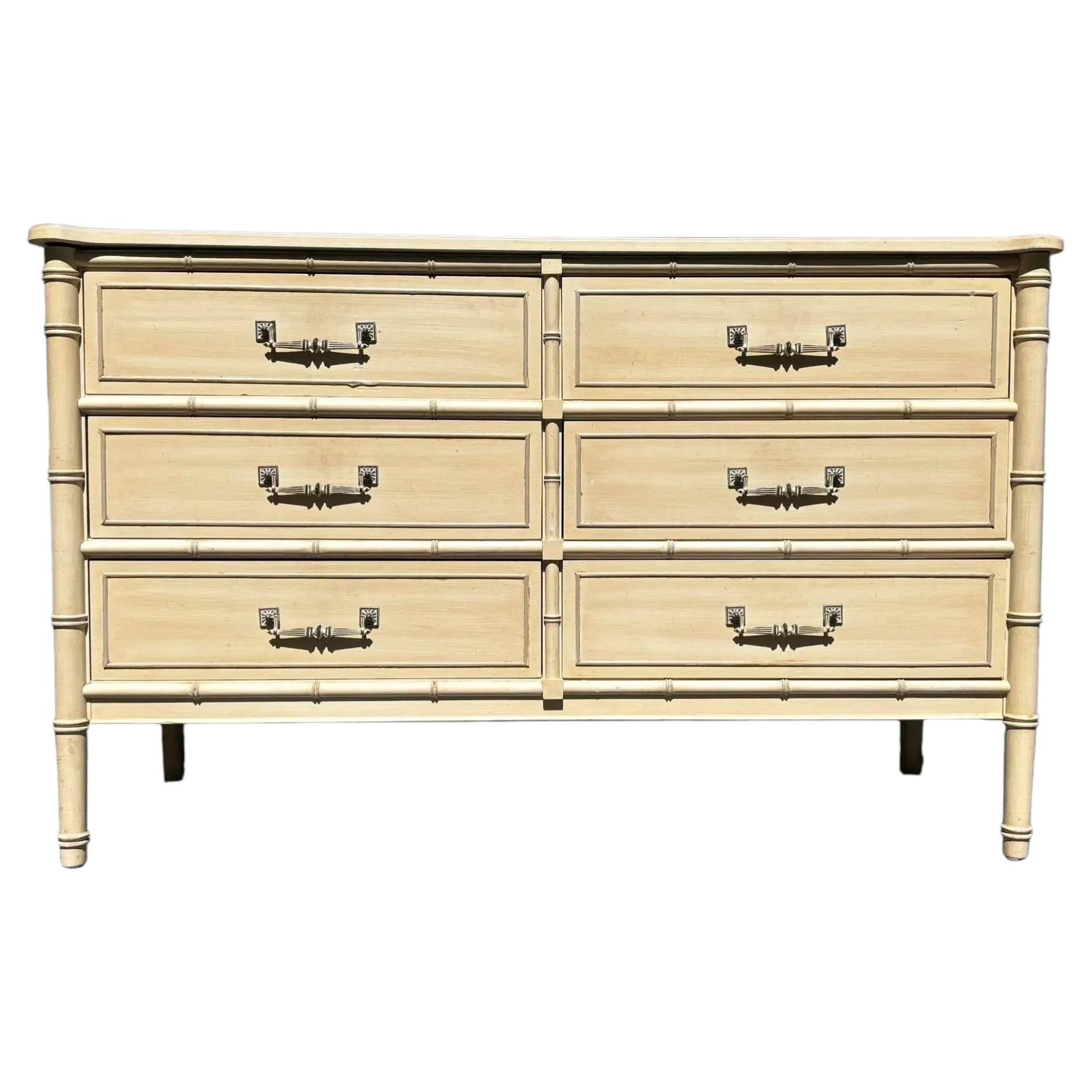 Late 20th Century Henry Link Cream Colored Faux Bamboo Six Drawer Dresser For Sale