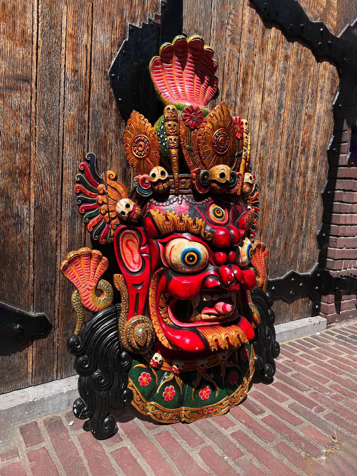 Wood Late 20th century High-quality wooden Mahakala face mask from Nepal For Sale