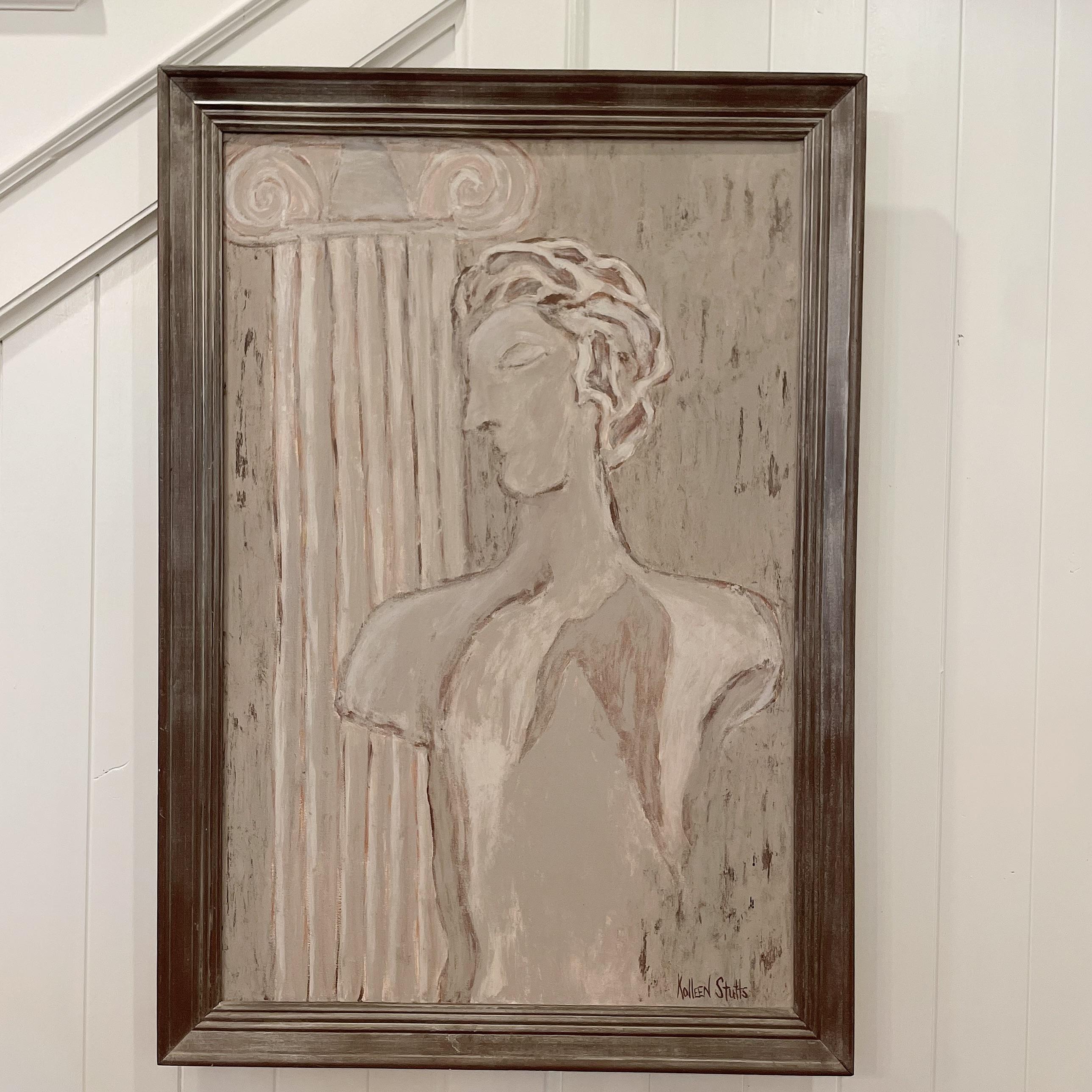 Very interesting and eye catching large Impressionist Original Painting of         Renaissance interpretation of an ancient Greek theme - Statue of David and a Column Signed by artist Kolleen Stutts and Framed in an aged wood frame.
