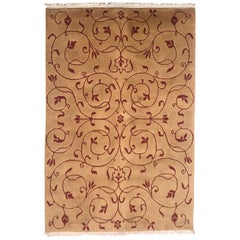 Late 20th Century Indian Hand Knotted Wool Rug in Garnet and Camel Colors