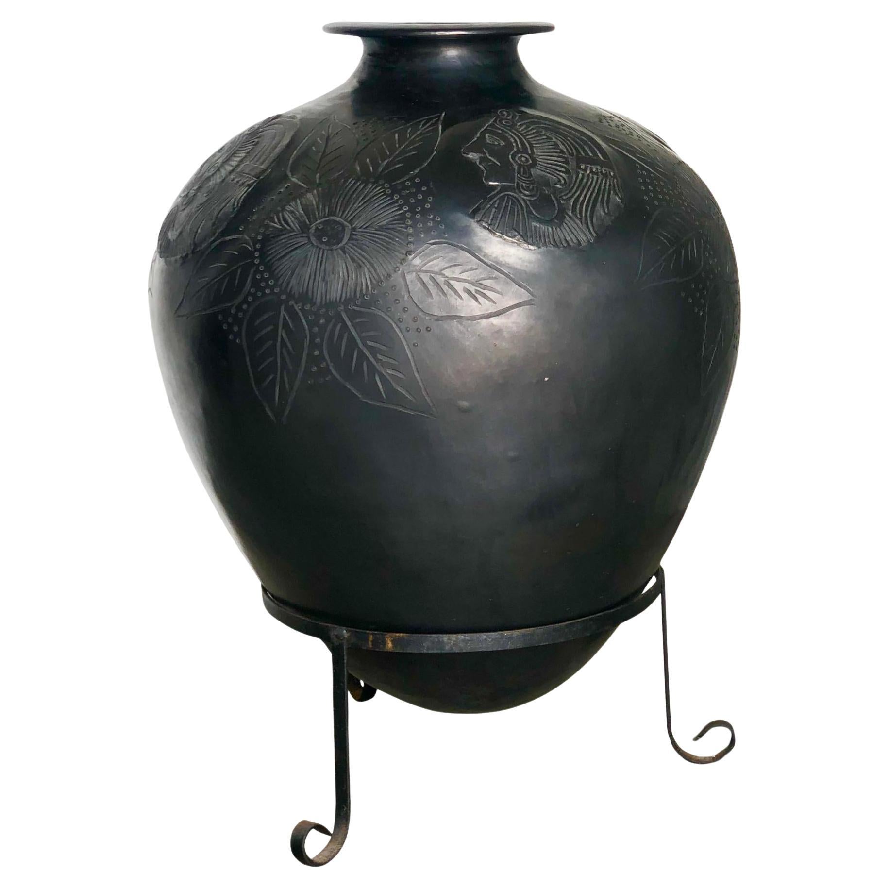 Late 20th Century Indian Head Black on Black Pottery Urn For Sale