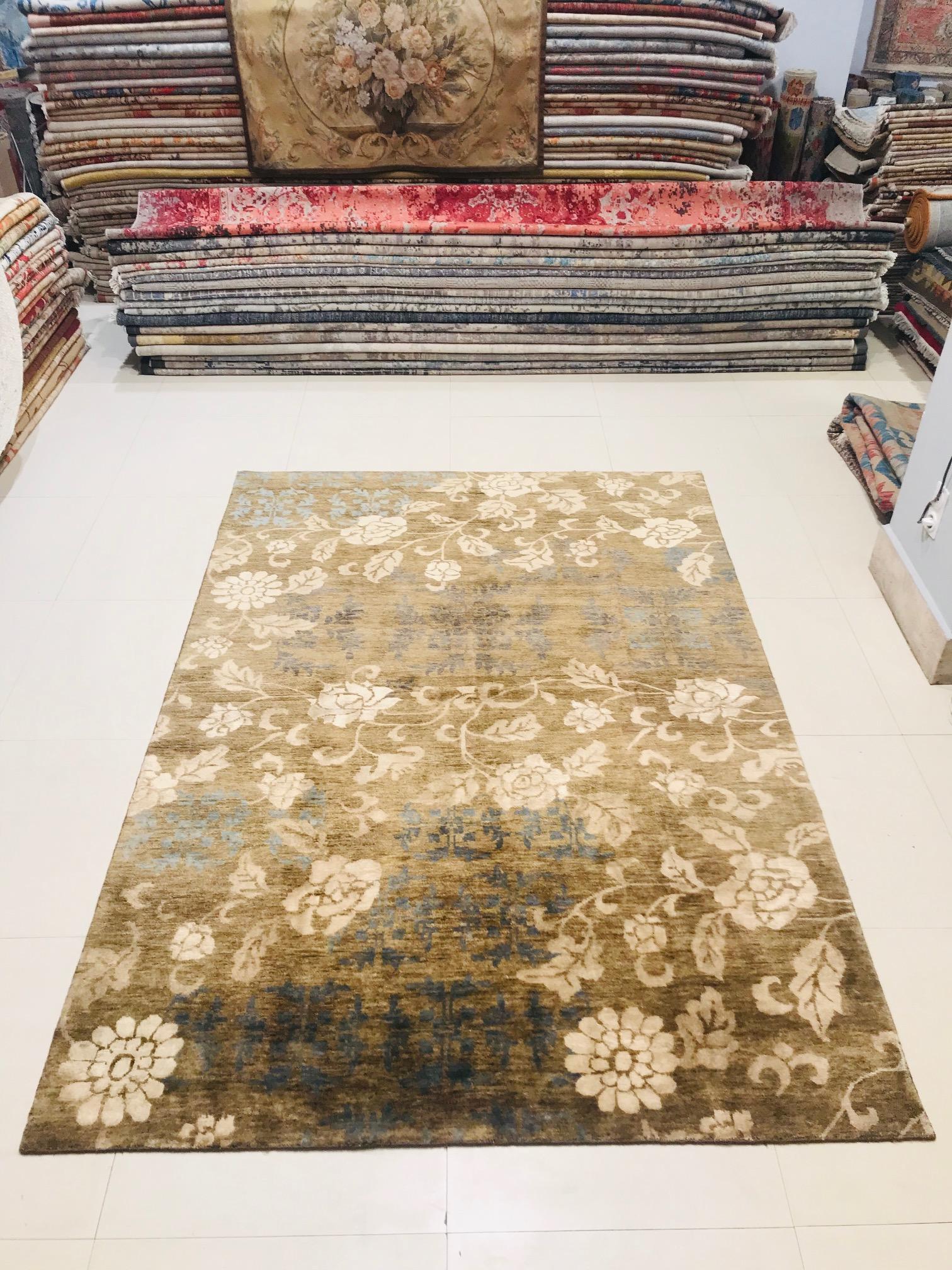Other Late 20th Century Indian Wool Rug Hand Knotted in Beige with Olive Green Flowers For Sale