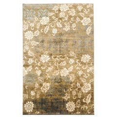 Late 20th Century Indian Wool Rug Hand Knotted in Beige with Olive Green Flowers