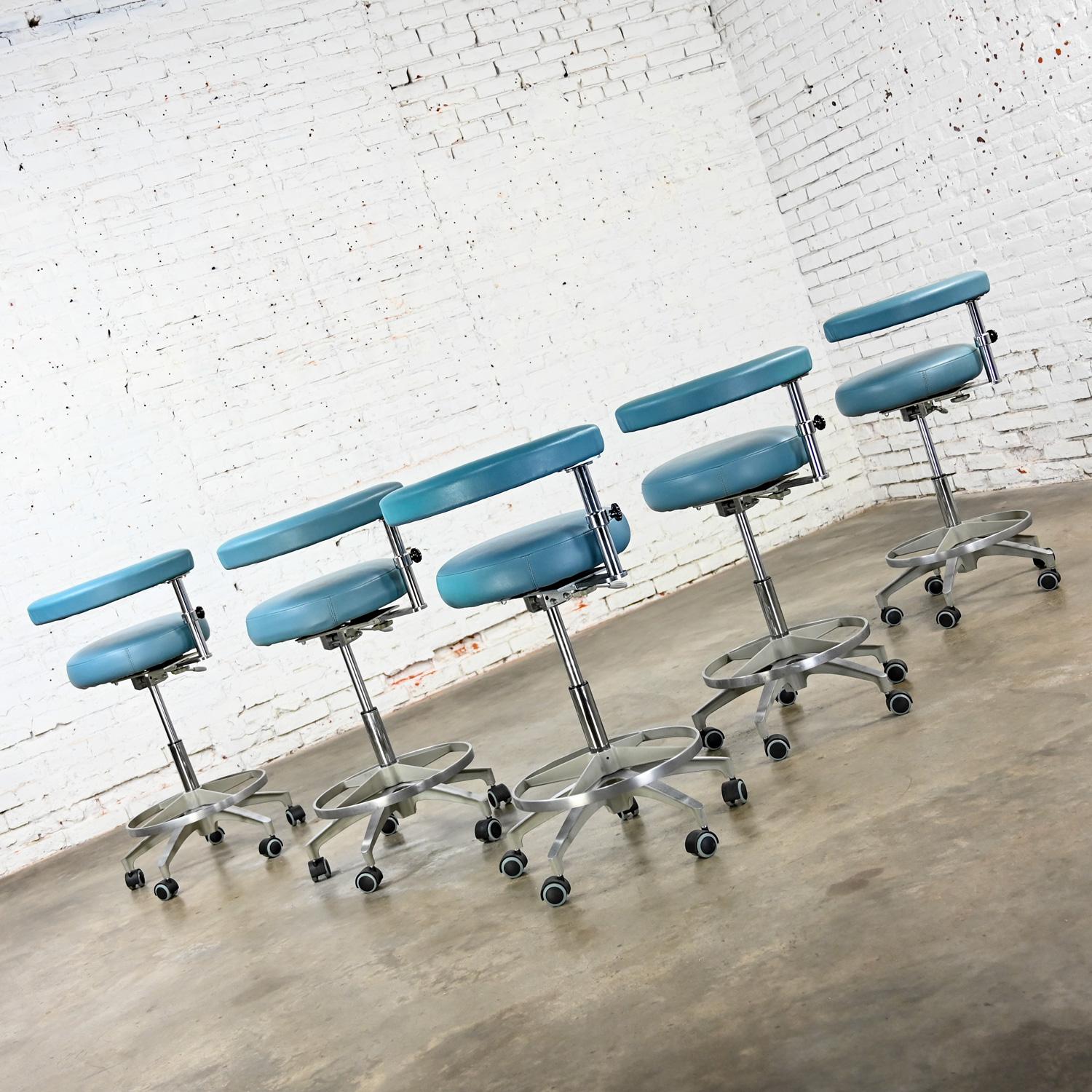 Late 20th Century Industrial Barstools Steel Blue Faux Leather & Chrome Set 5 For Sale 7
