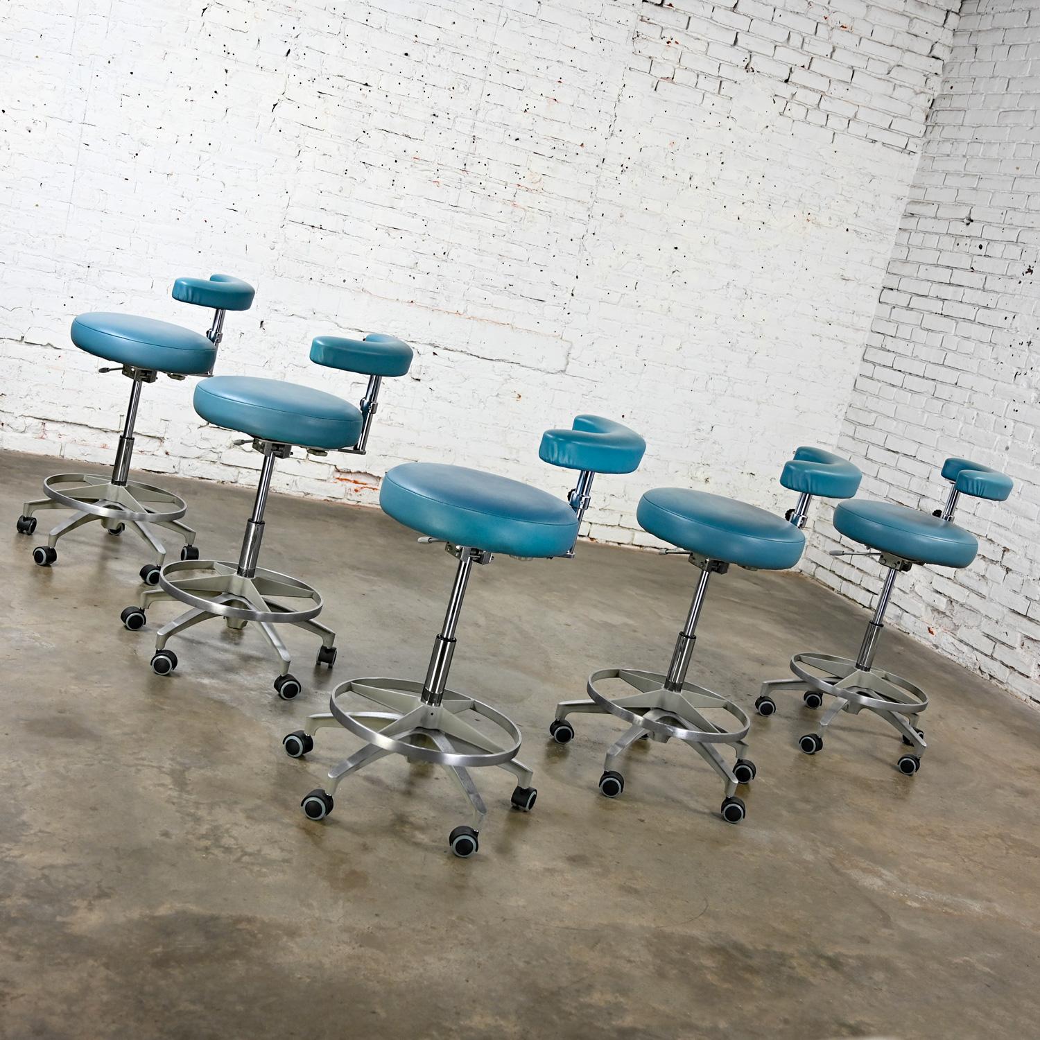 Late 20th Century Industrial Barstools Steel Blue Faux Leather & Chrome Set 5 For Sale 8