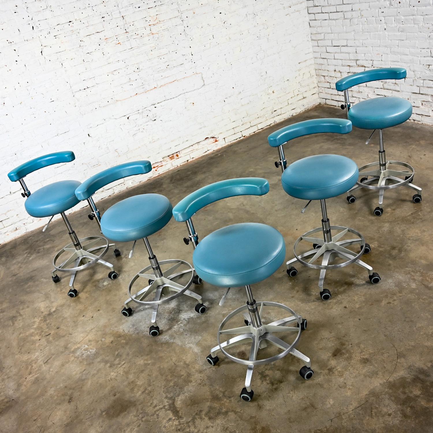 Late 20th Century Industrial Barstools Steel Blue Faux Leather & Chrome Set 5 For Sale 9