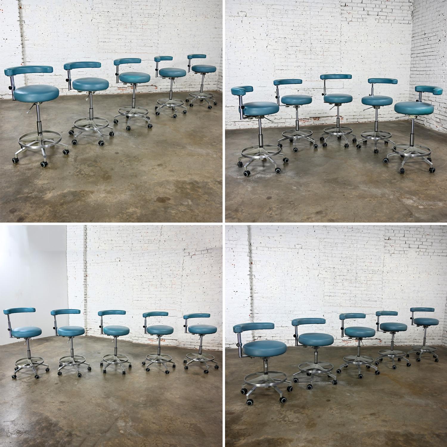 Late 20th Century Industrial Barstools Steel Blue Faux Leather & Chrome Set 5 For Sale 12