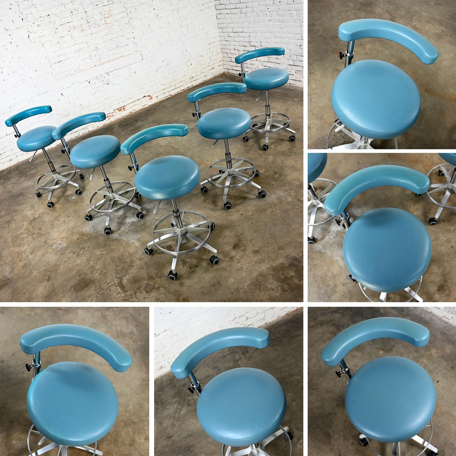 Late 20th Century Industrial Barstools Steel Blue Faux Leather & Chrome Set 5 For Sale 13