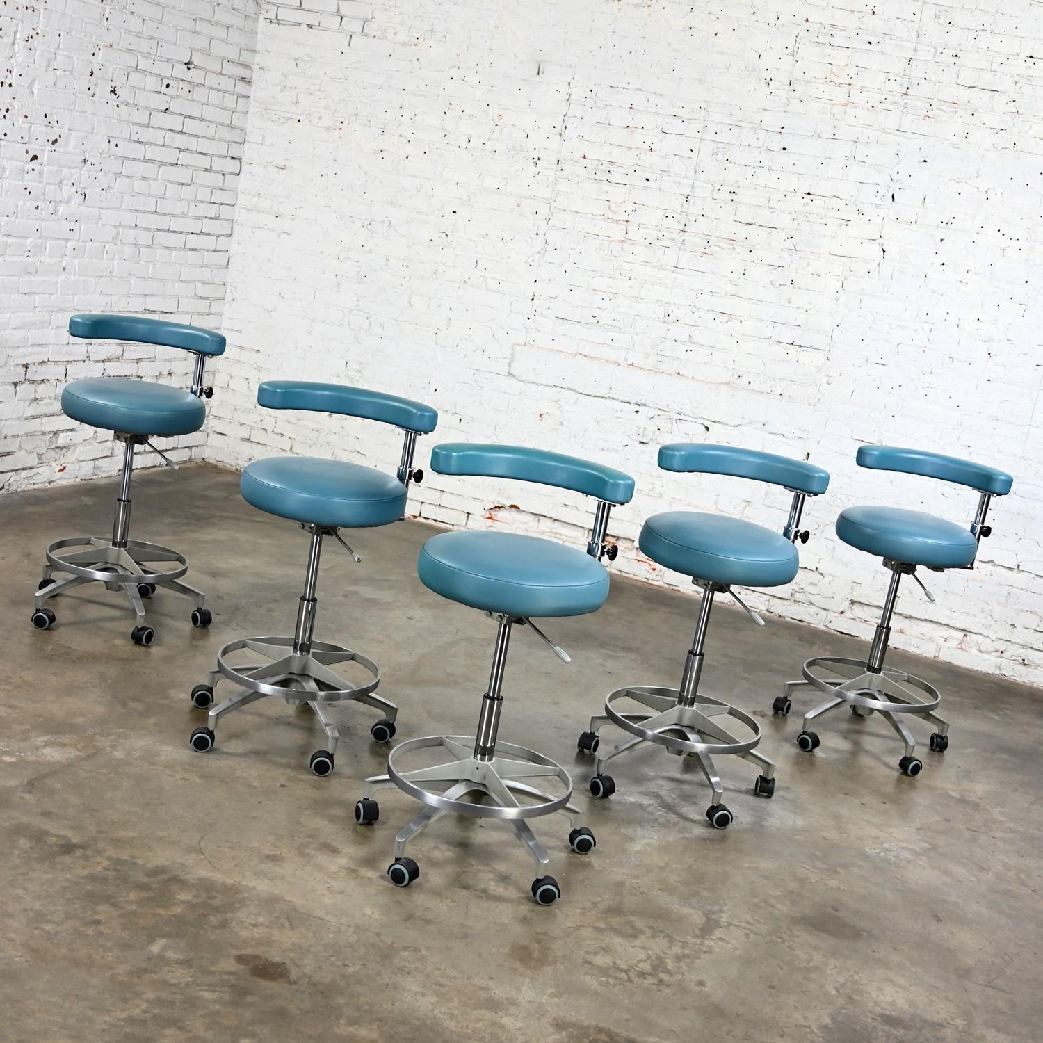 American Late 20th Century Industrial Barstools Steel Blue Faux Leather & Chrome Set 5 For Sale