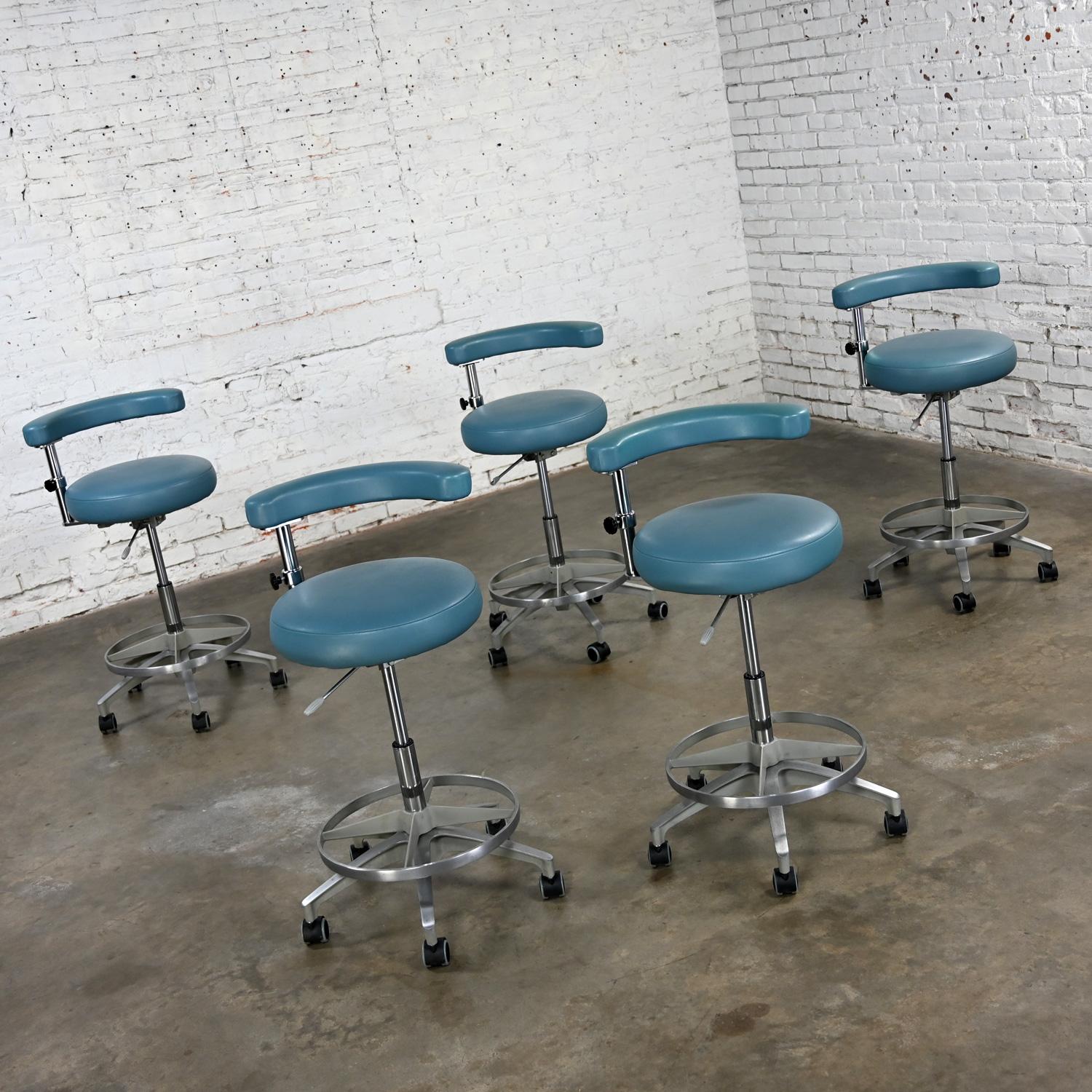 Late 20th Century Industrial Barstools Steel Blue Faux Leather & Chrome Set 5 For Sale 1