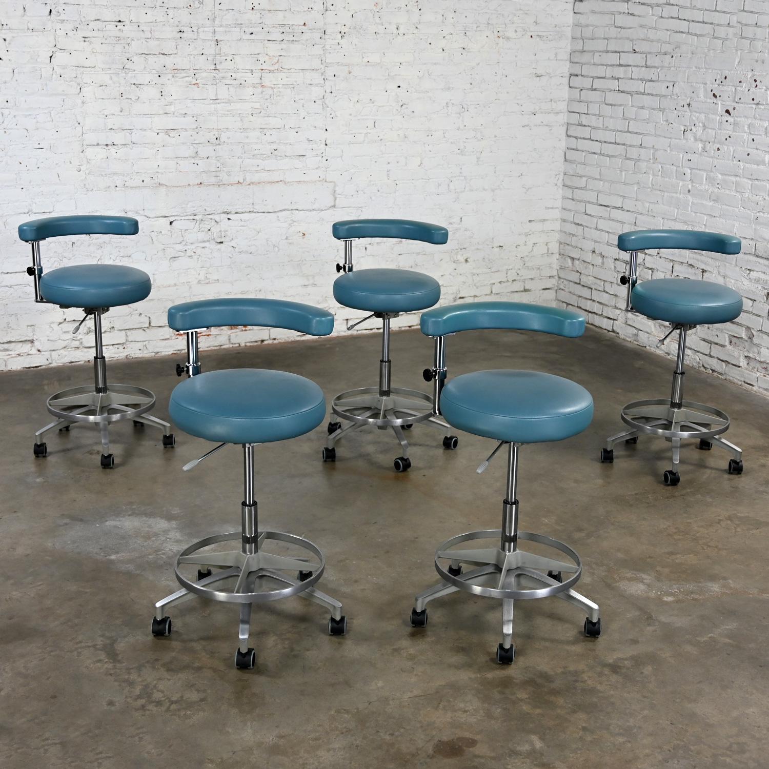 Late 20th Century Industrial Barstools Steel Blue Faux Leather & Chrome Set 5 For Sale 2