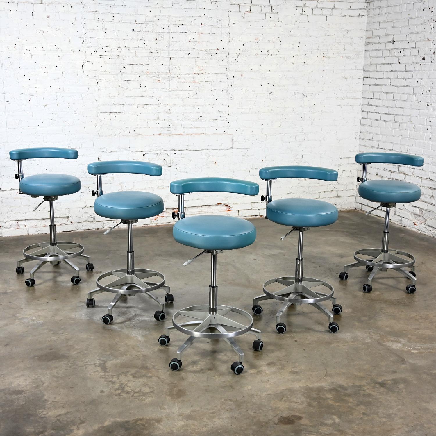 Late 20th Century Industrial Barstools Steel Blue Faux Leather & Chrome Set 5 For Sale 3