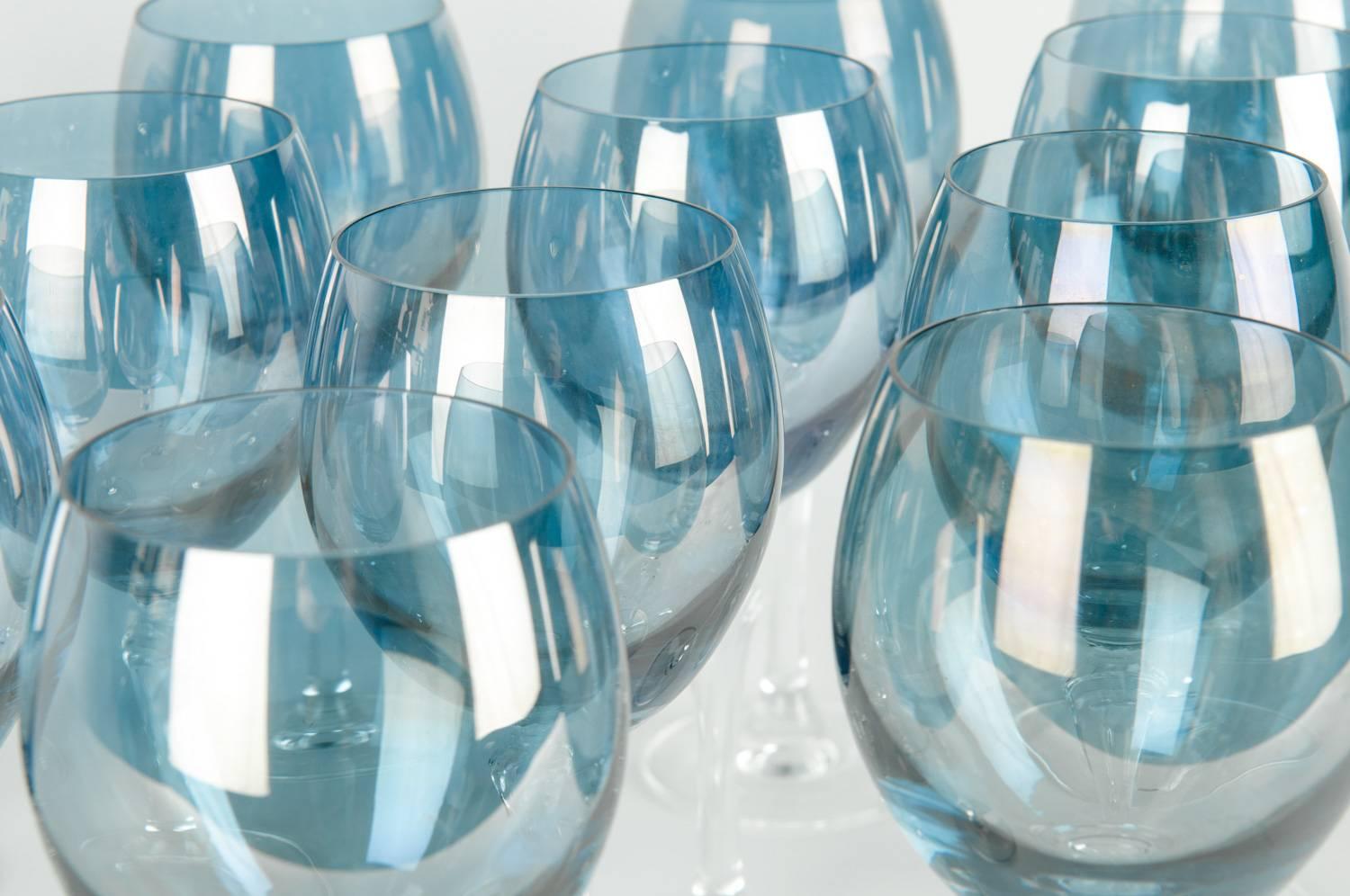 blue iridescent glassware
