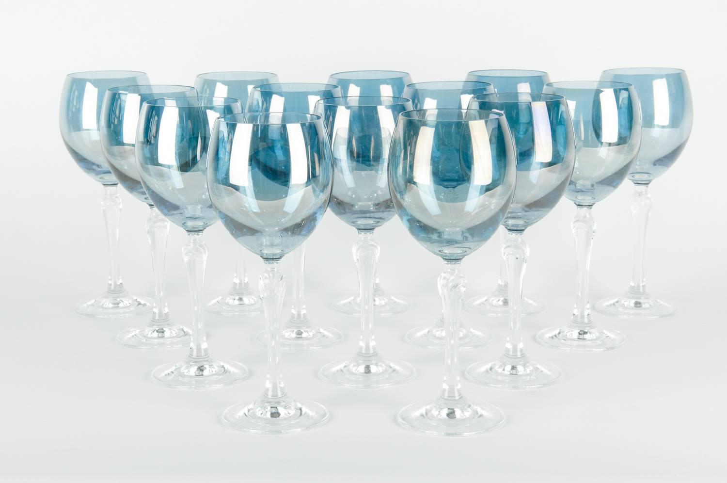 European Late 20th Century Iridescent Blue Crystal Glassware Set