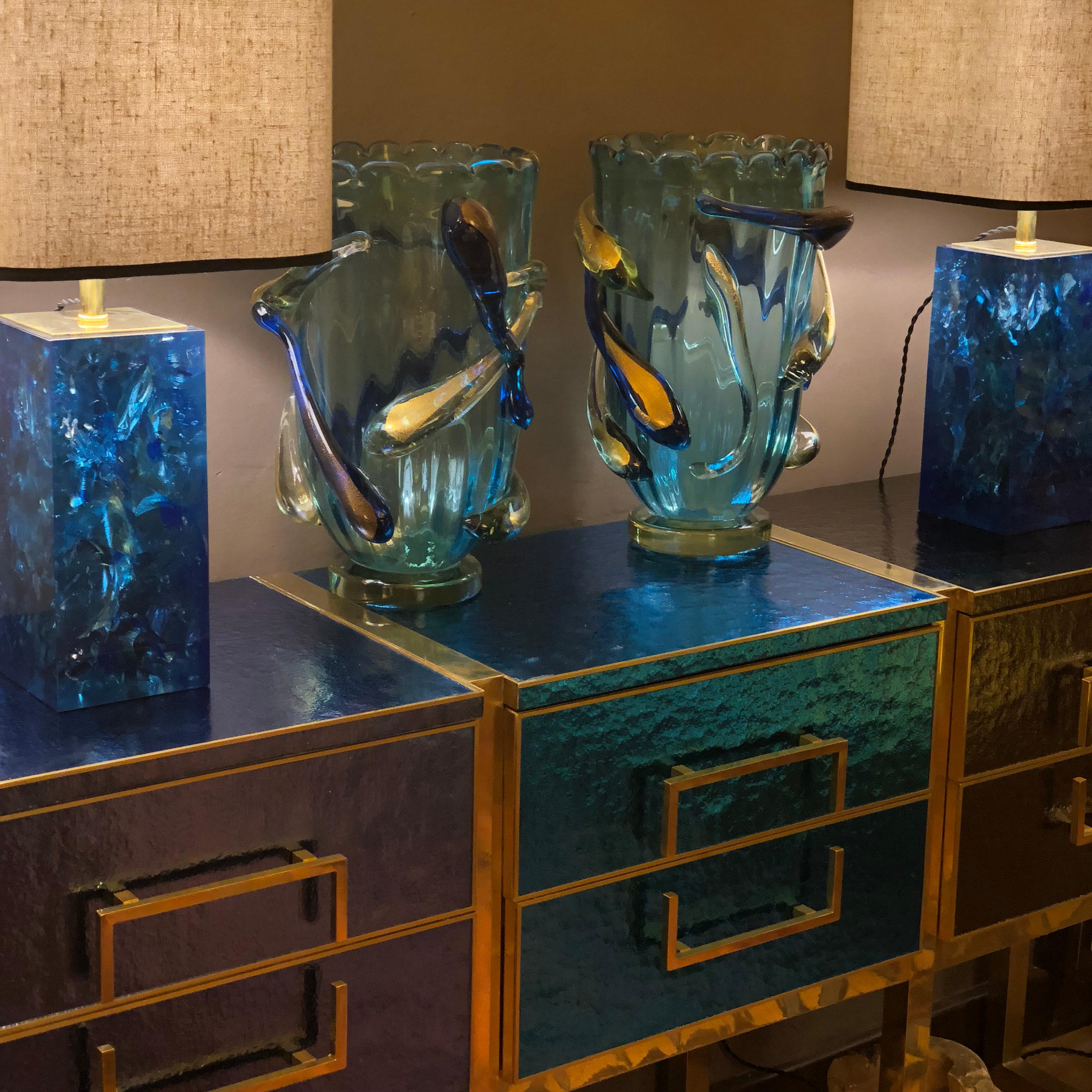 Late 20th Century Iridescent Blue/Grey Murano Glass and Brass Console For Sale 7