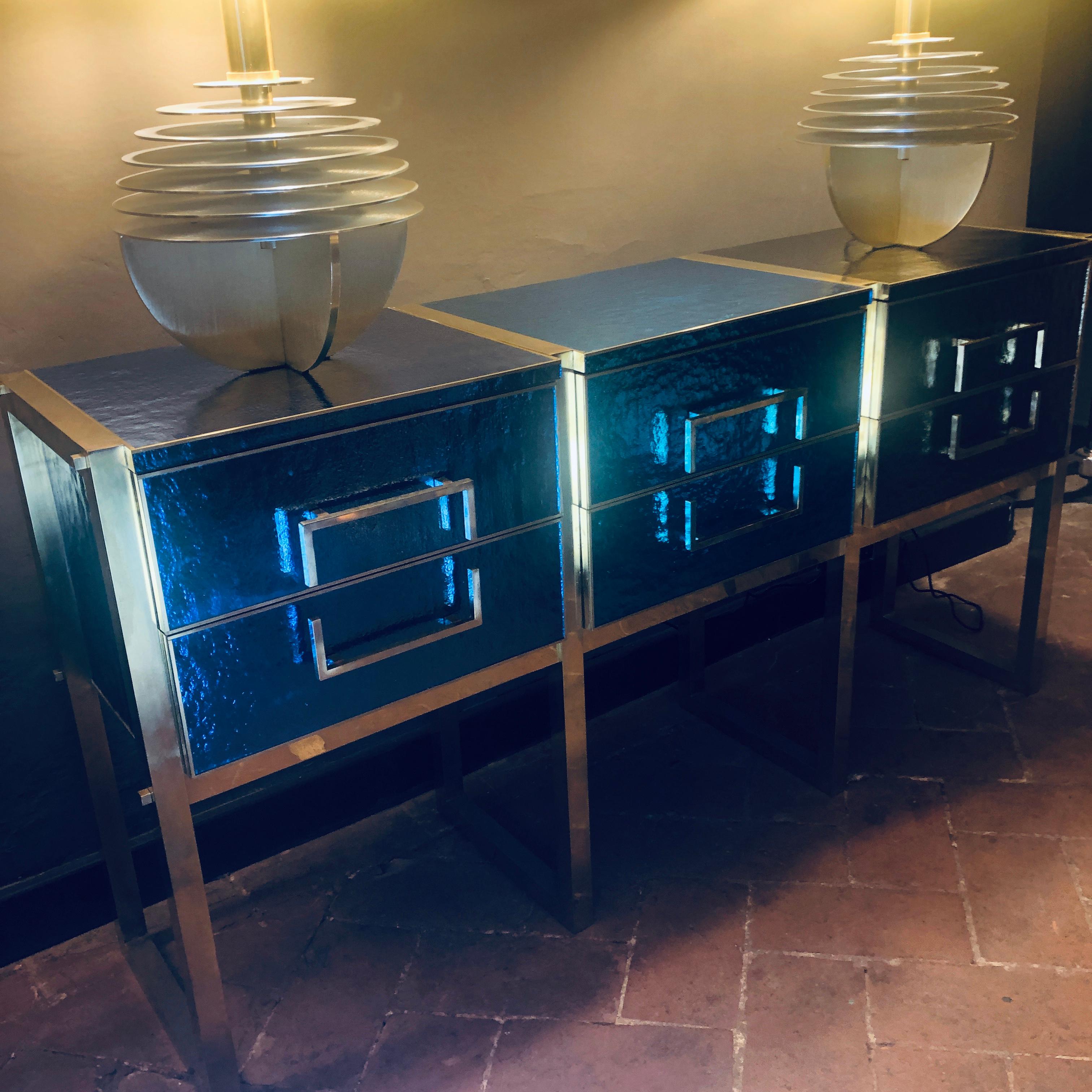 Late 20th Century Iridescent Blue/Grey Murano Glass and Brass Console For Sale 14