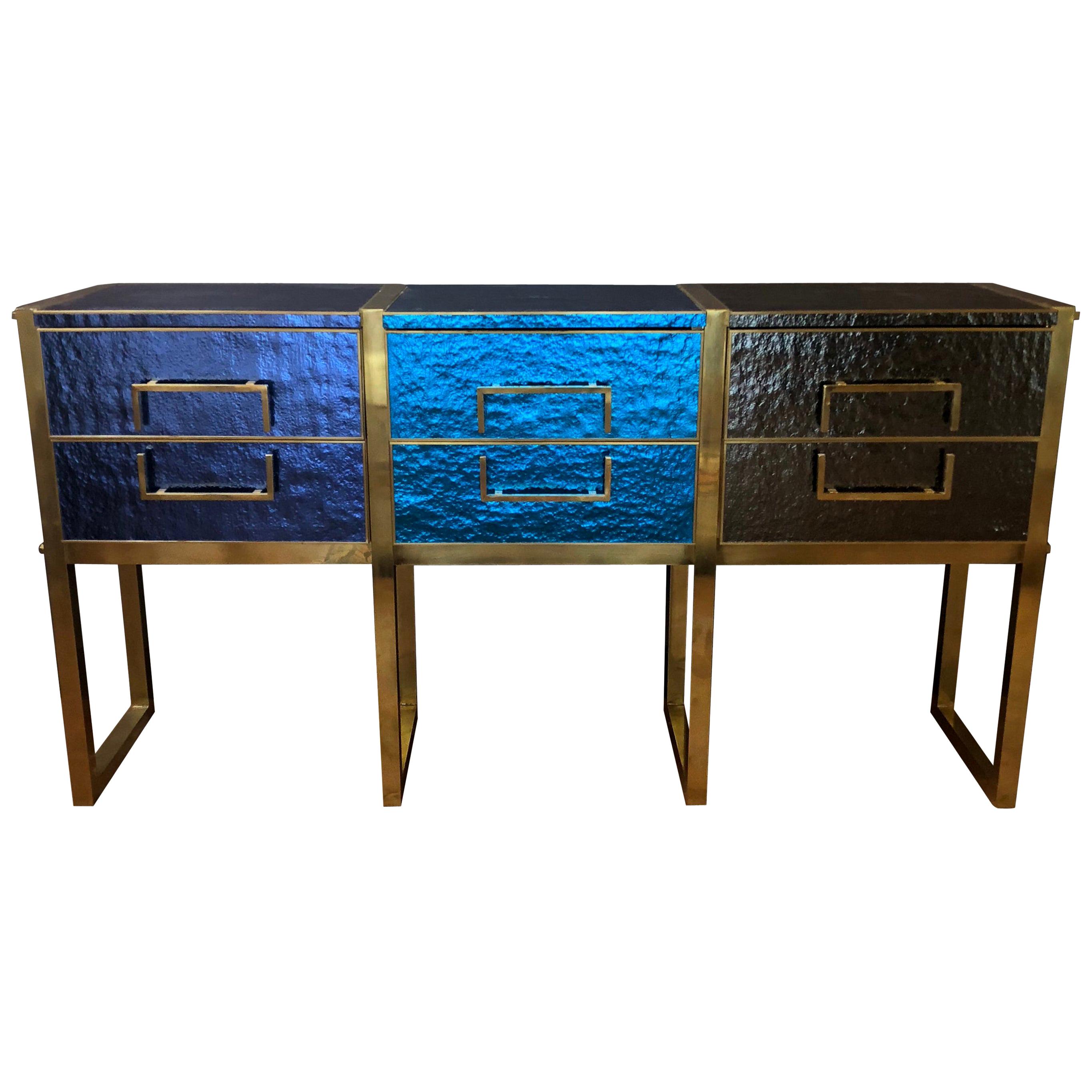 Late 20th Century Iridescent Blue/Grey Murano Glass and Brass Console For Sale