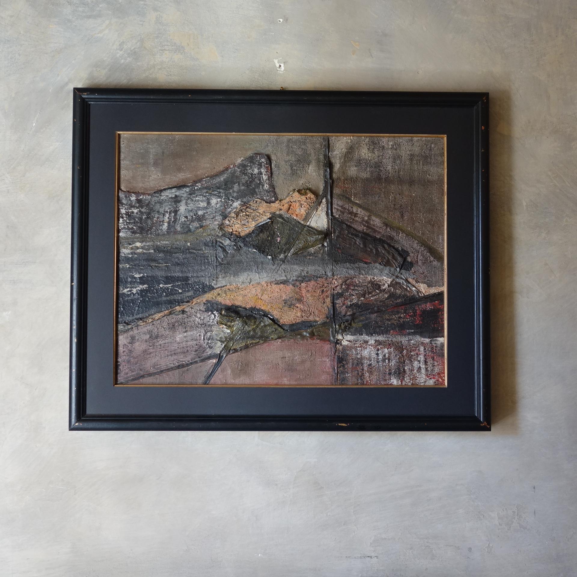 Abstract materic mixed media painting, overlapping of canvases, gypsum and acrylics, paper passpartout with gold leaf profile and black frame, italy 1960s circa.