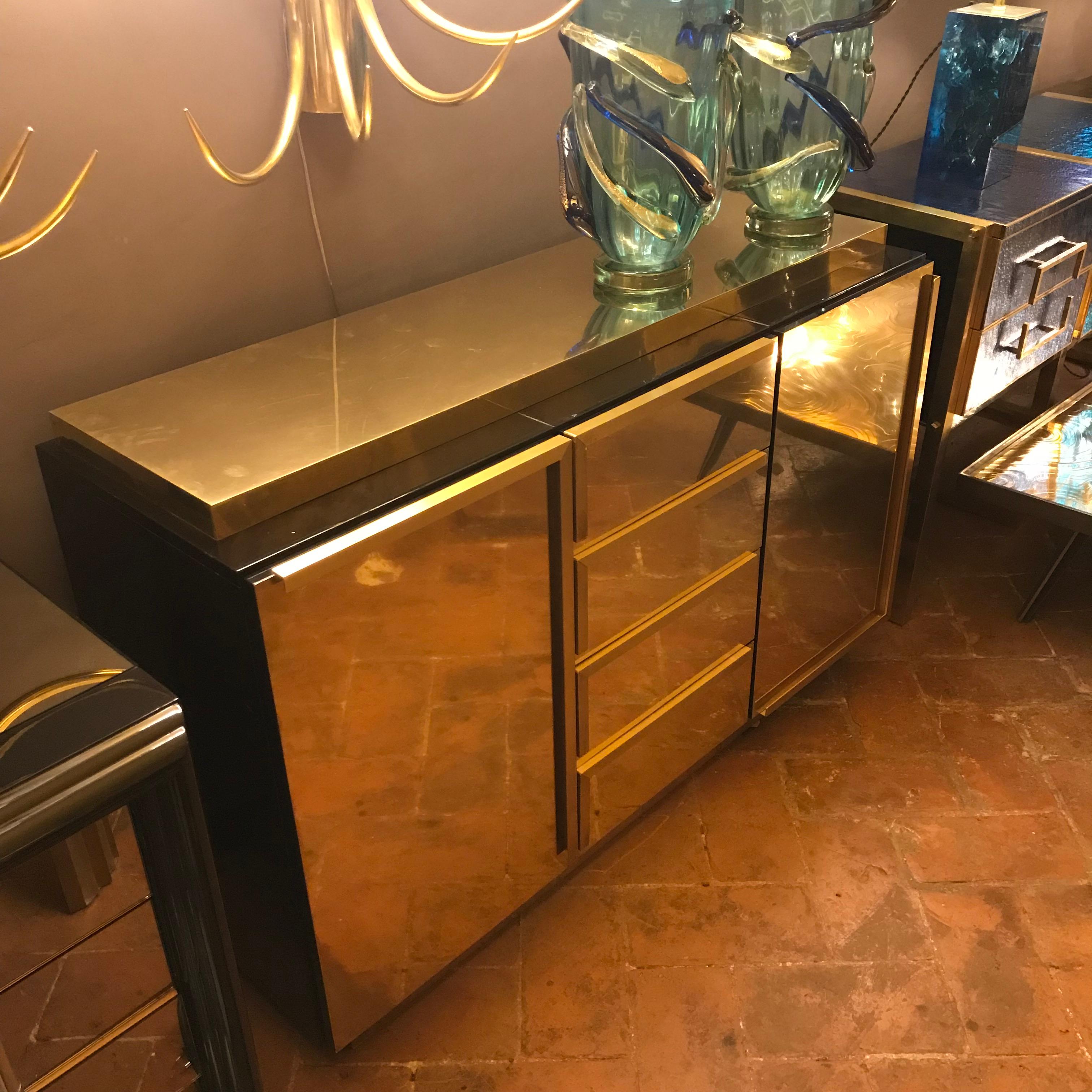Late 20th Century Italian Black Lacquered Wood and Brass Credenza with Drawers 11