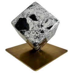 Late 20th Century Italian Black & White Rotating Marble Cube with Brass Basement