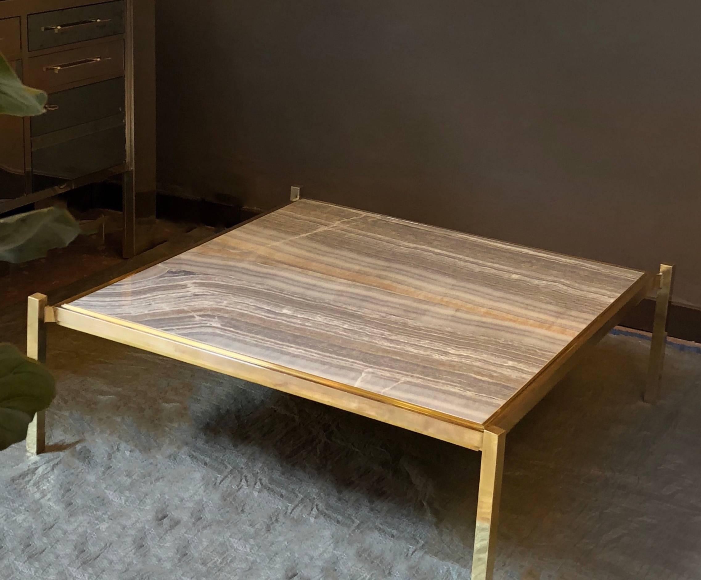 Mid-Century Modern Late 20th Century Italian Brass and Grey/Beige Onyx Coffee Table