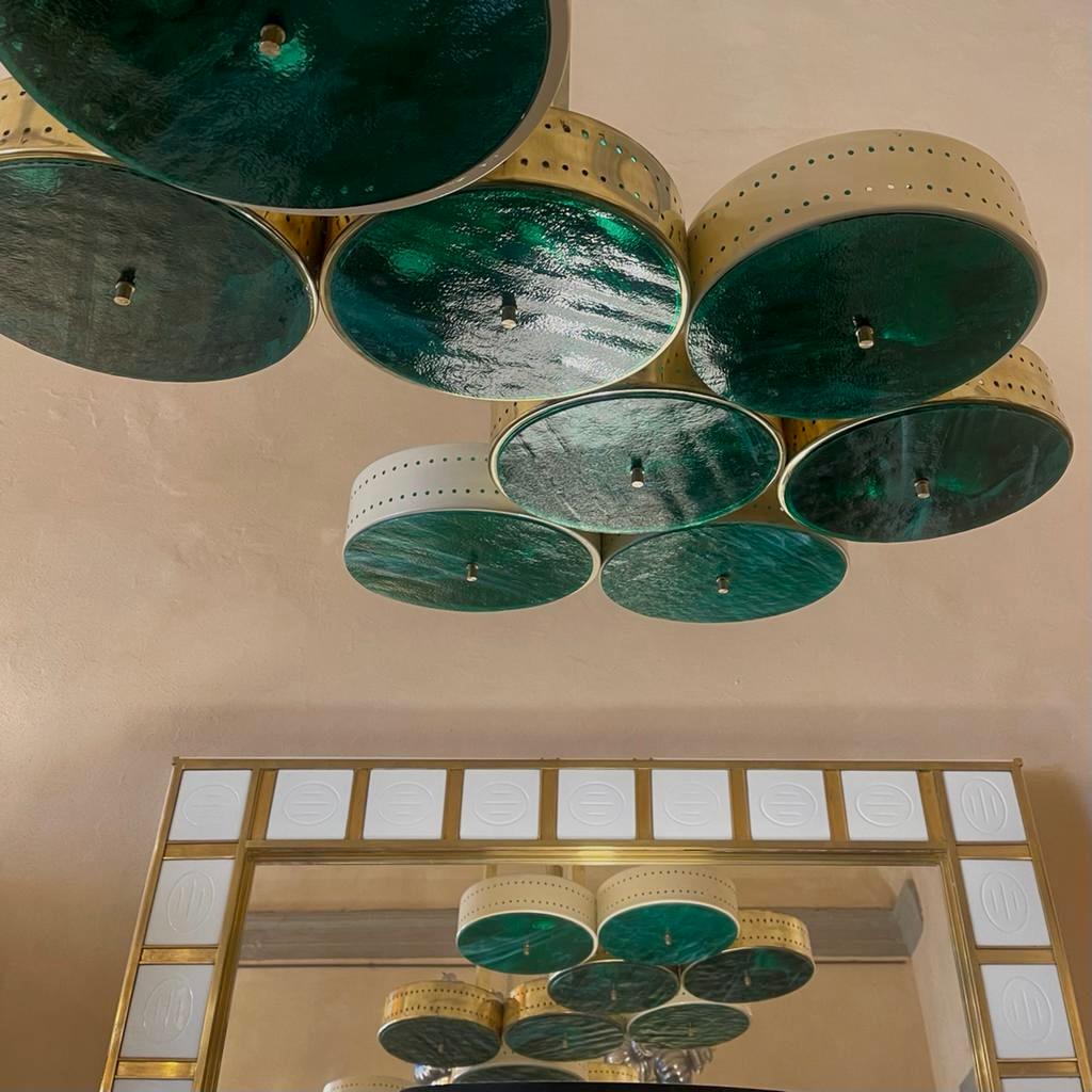 Late 20th Century Italian Brass & Iron w/ Green Murano Art Glass Long Chandelier 7
