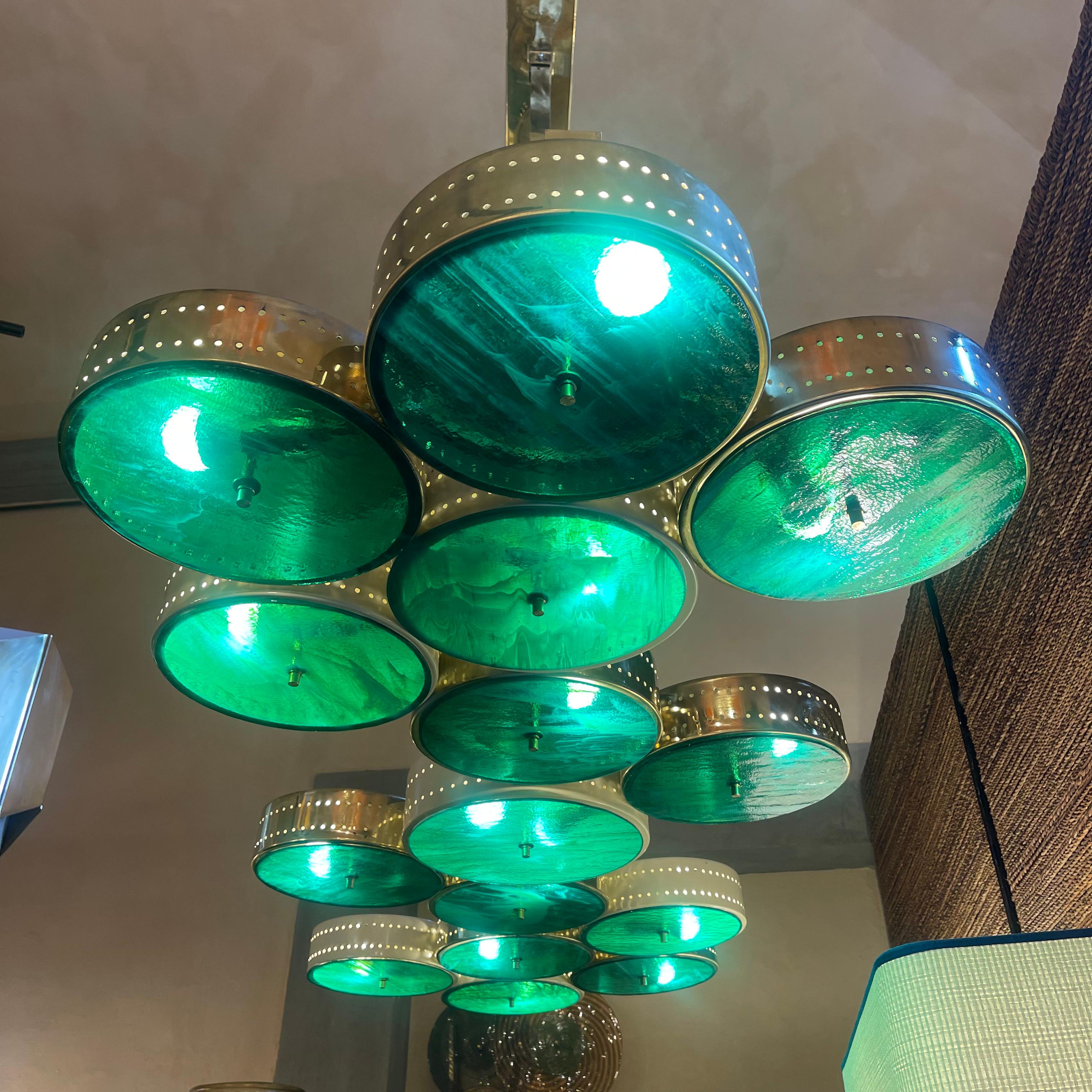 Modern Late 20th Century Italian Brass & Iron w/ Green Murano Art Glass Long Chandelier