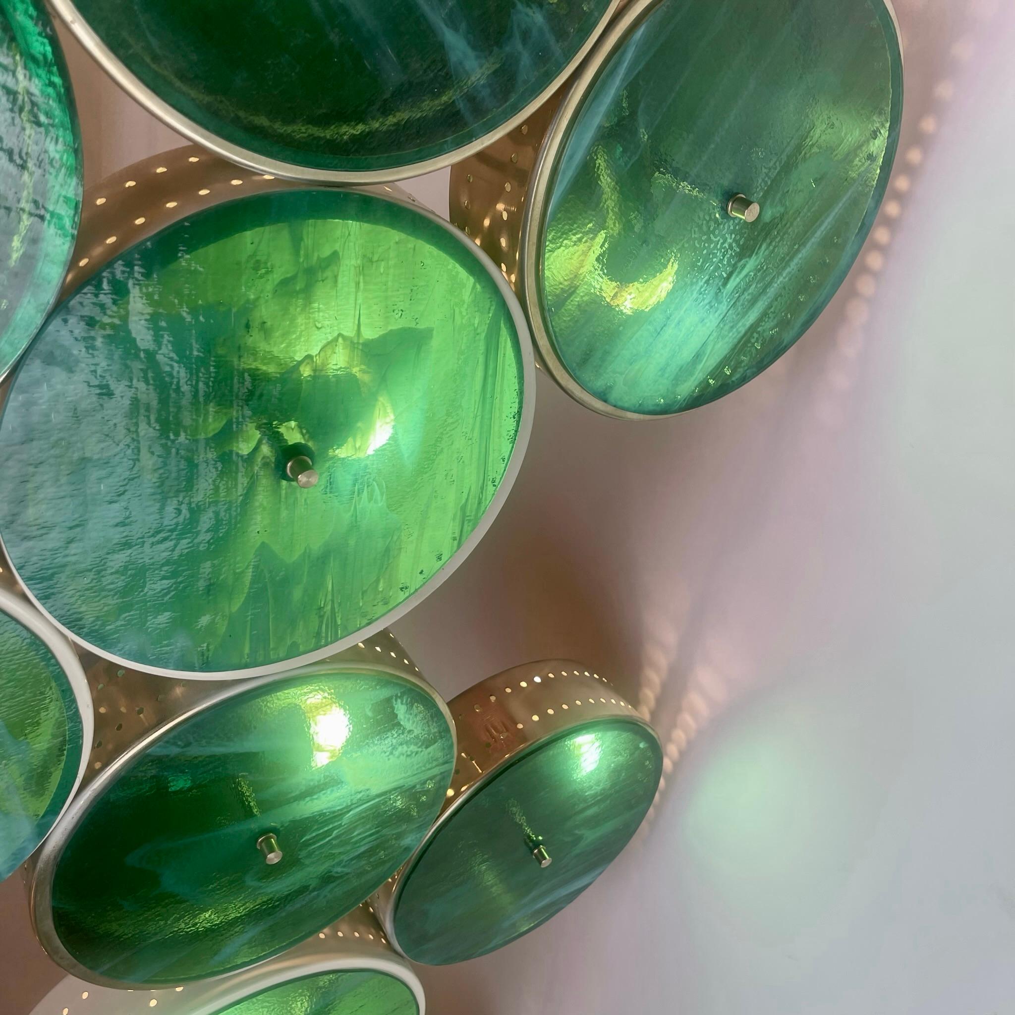 Contemporary Late 20th Century Italian Brass & Iron w/ Green Murano Art Glass Long Chandelier