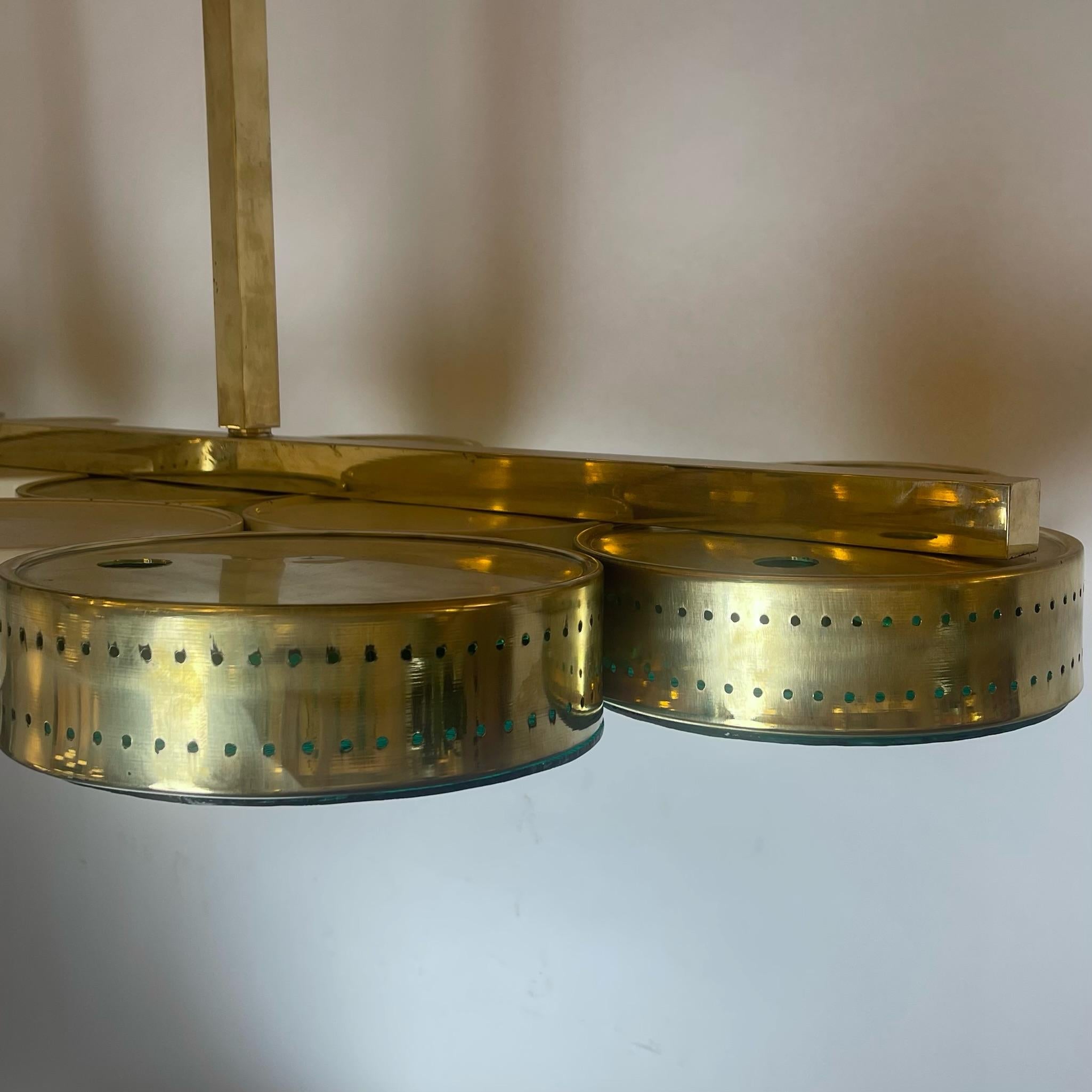 Late 20th Century Italian Brass & Iron w/ Green Murano Art Glass Long Chandelier 2