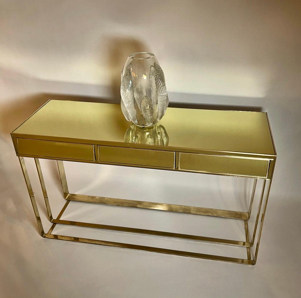 Late 20th Century Italian Brass & Lemon Yellow Mirror Console w/ Three Drawers For Sale 10