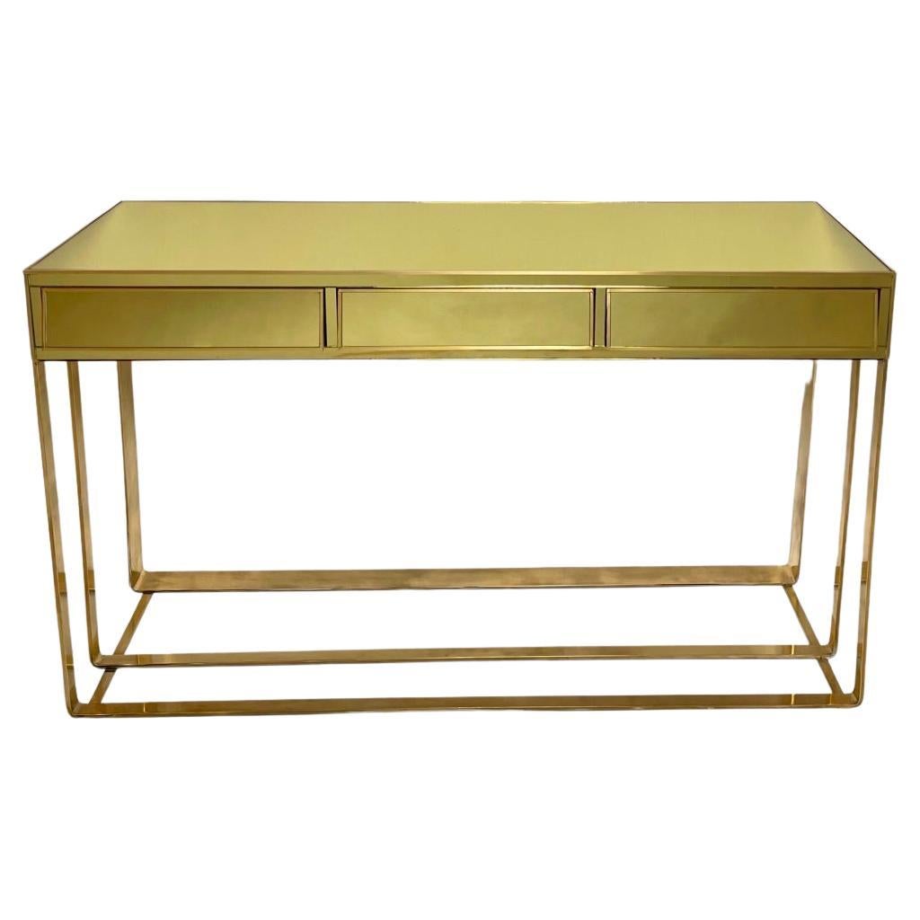 Late 20th Century Italian Brass & Lemon Yellow Mirror Console w/ Three Drawers For Sale