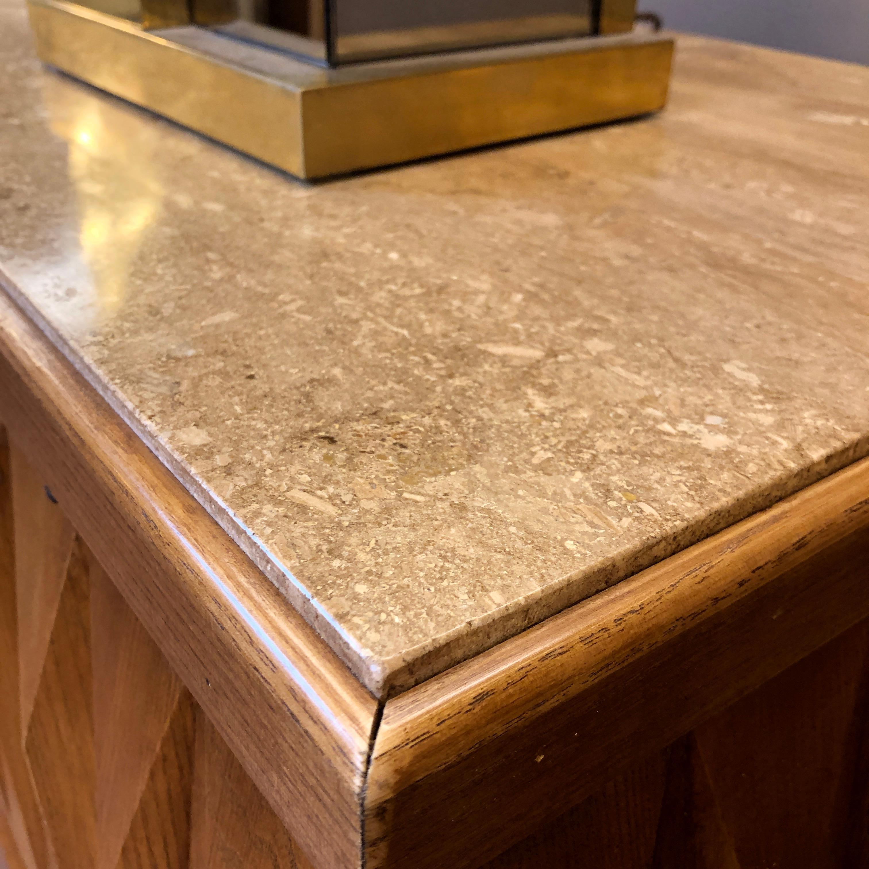 Late 20th Century Brutalist Oak Credenza with Travertine Top and Brass Feet 10