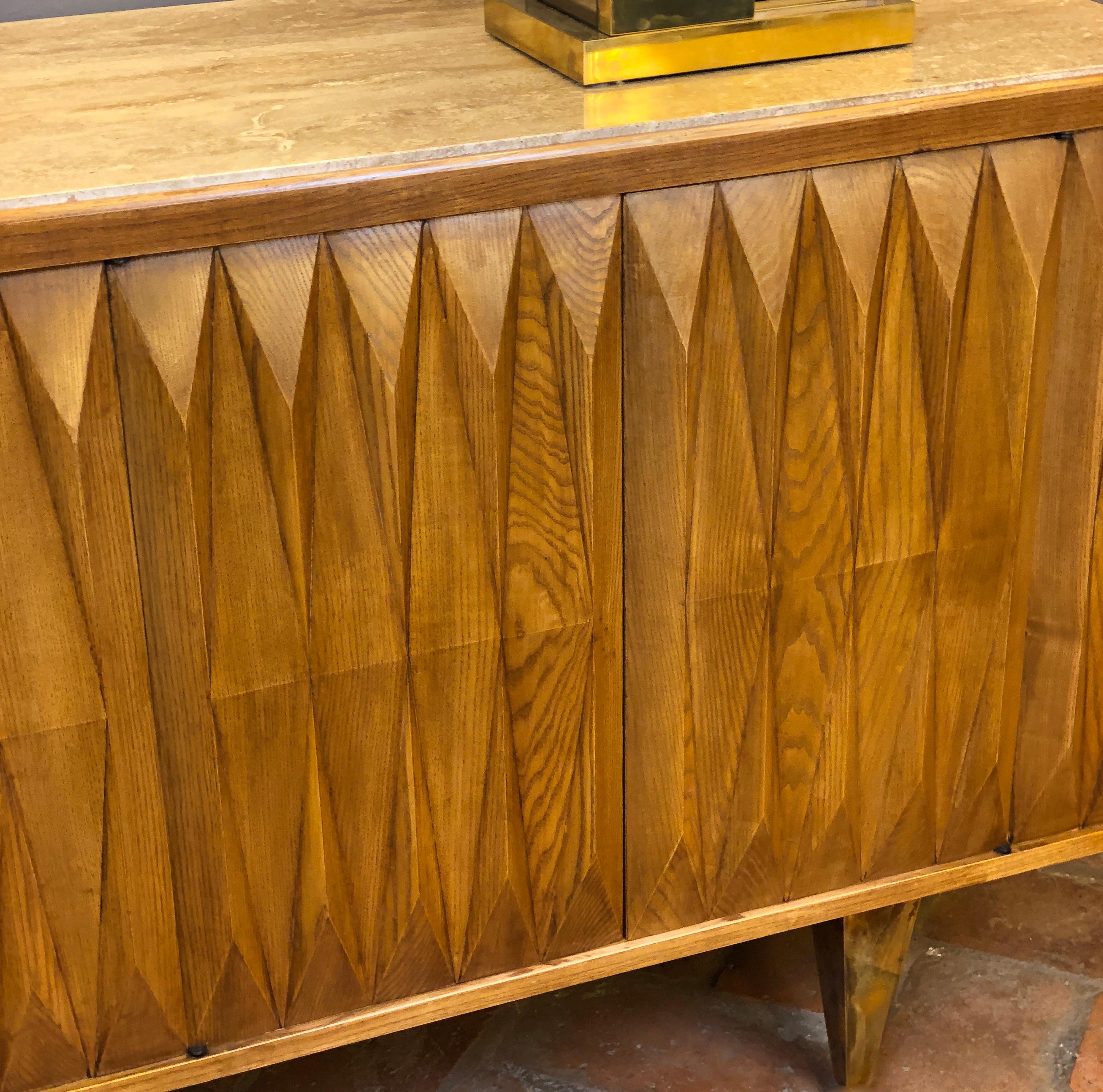 Late 20th Century Brutalist Oak Credenza with Travertine Top and Brass Feet 12