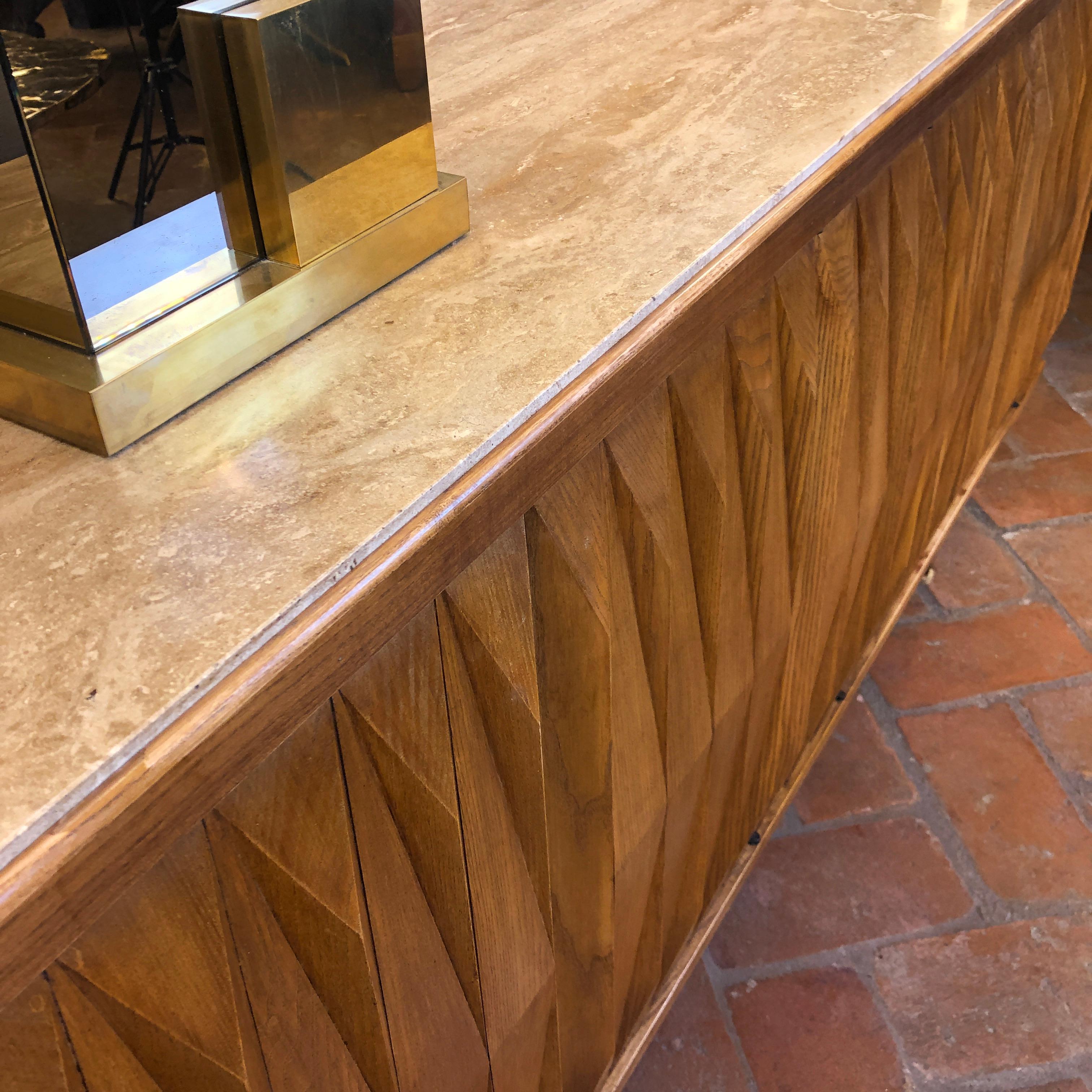 Late 20th Century Brutalist Oak Credenza with Travertine Top and Brass Feet 14