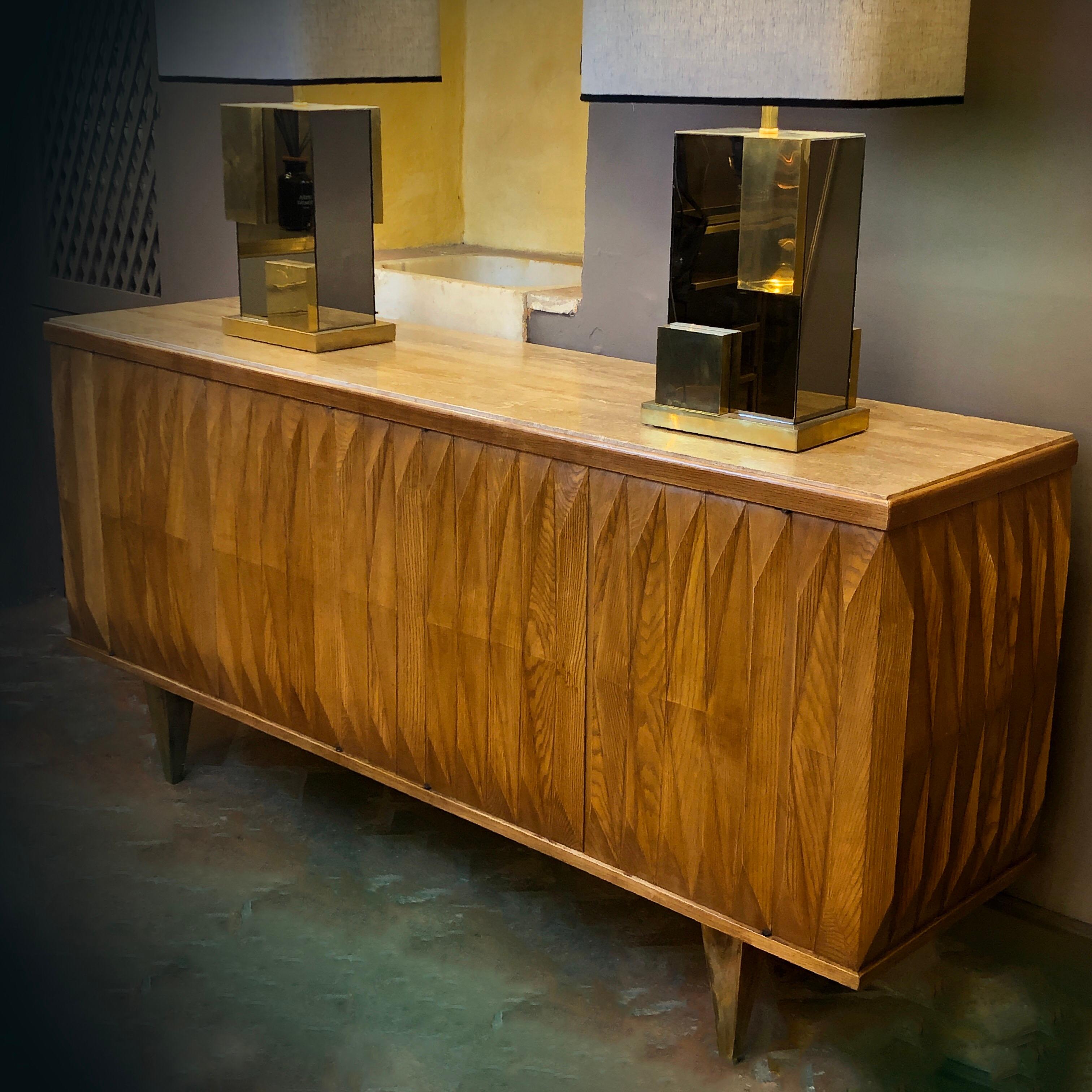 Late 20th Century Brutalist Oak Credenza with Travertine Top and Brass Feet 15