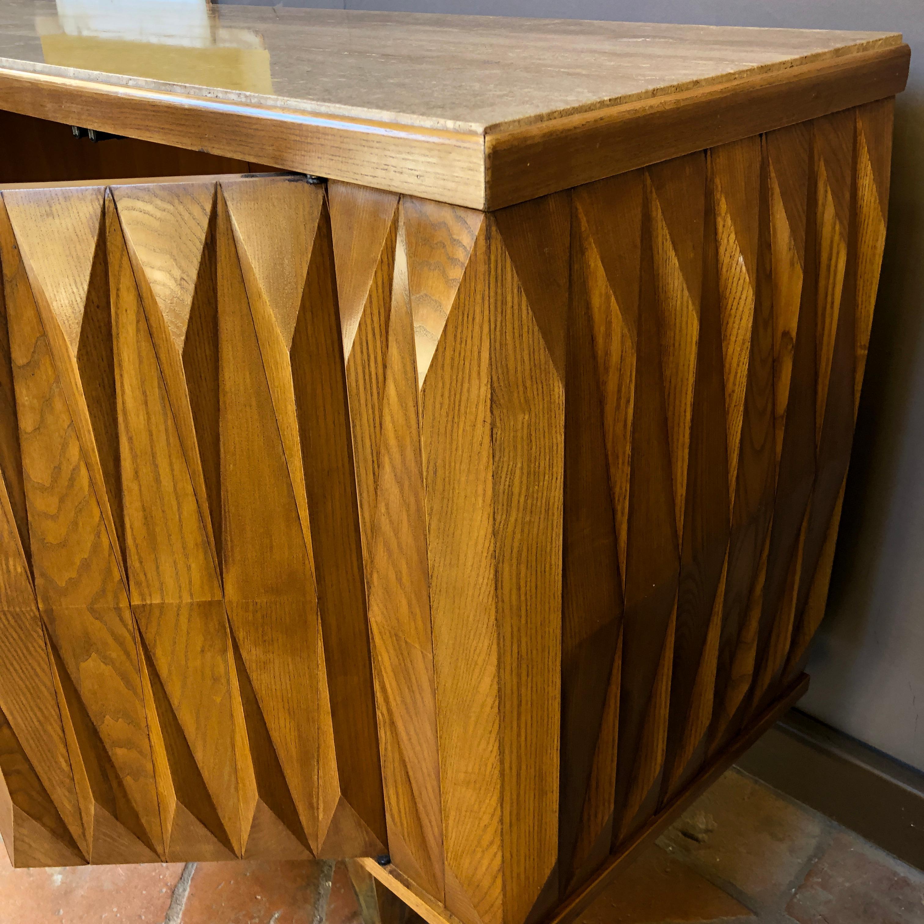 Late 20th Century Brutalist Oak Credenza with Travertine Top and Brass Feet 1