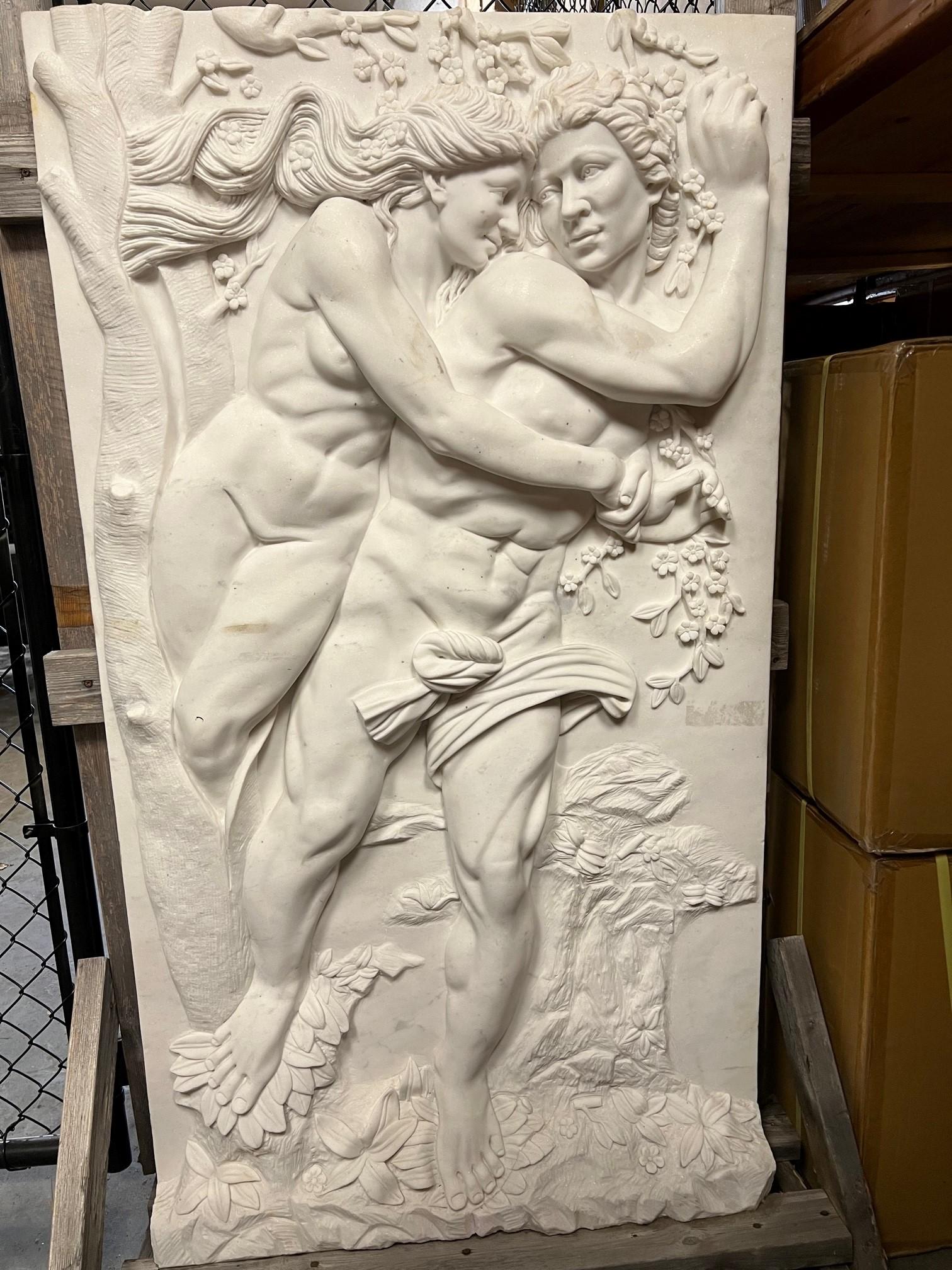 Late 20th Century Italian Carved Marble Panel of a Man and Woman For Sale 5