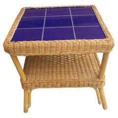 Late 20th Century Italian Ceramic Top Wicker Tiered Side Table